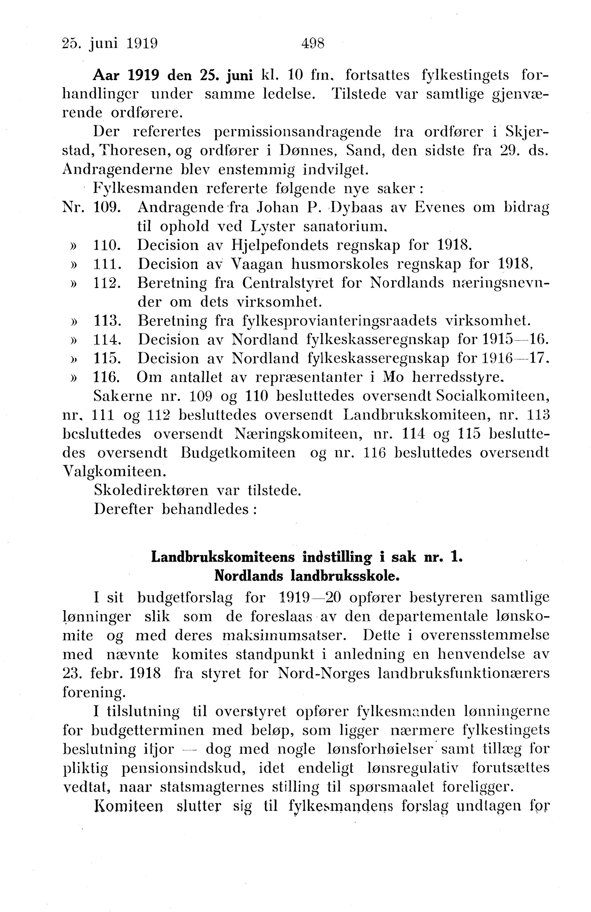 Nordland Fylkeskommune. Fylkestinget, AIN/NFK-17/176/A/Ac/L0042: Fylkestingsforhandlinger 1919, 1919, p. 498