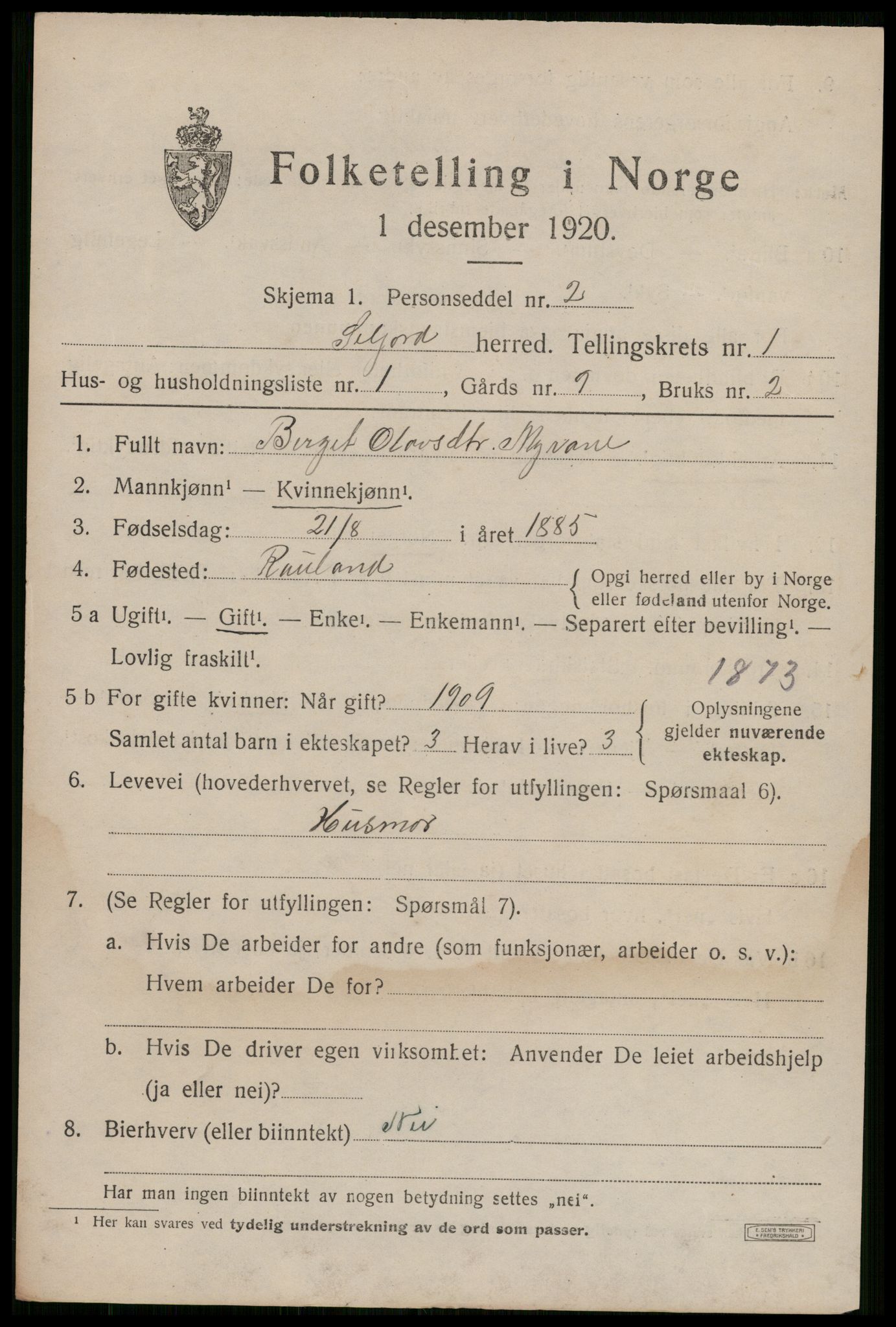 SAKO, 1920 census for Seljord, 1920, p. 1226