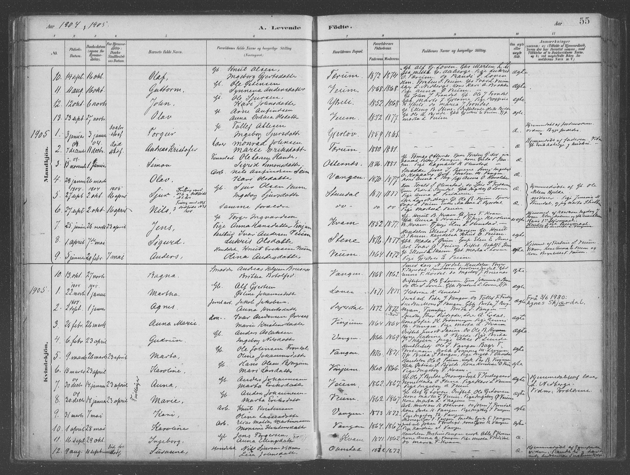 Aurland sokneprestembete, SAB/A-99937/H/Ha/Hab/L0001: Parish register (official) no. B  1, 1880-1909, p. 55