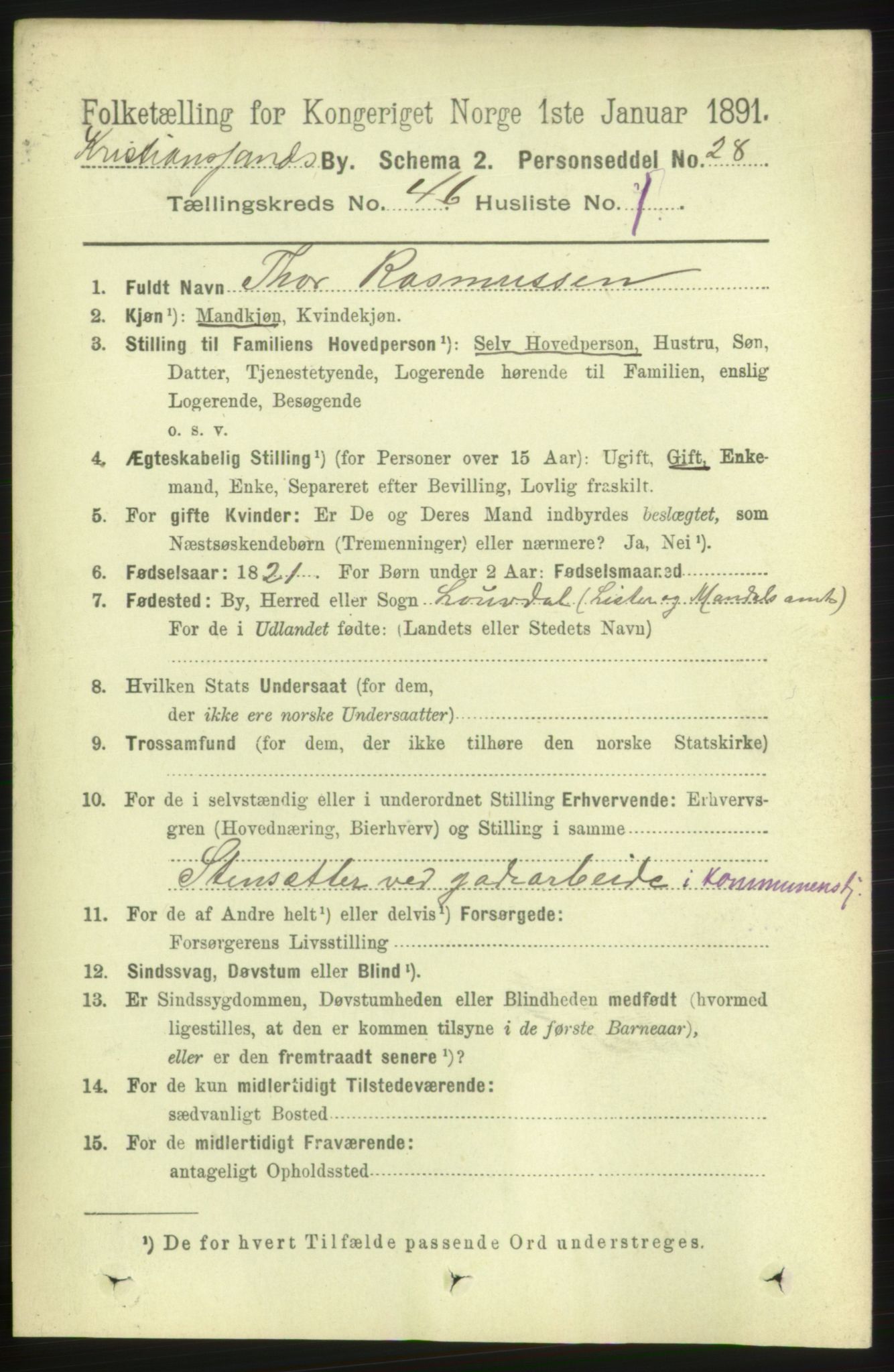 RA, 1891 census for 1001 Kristiansand, 1891, p. 14027