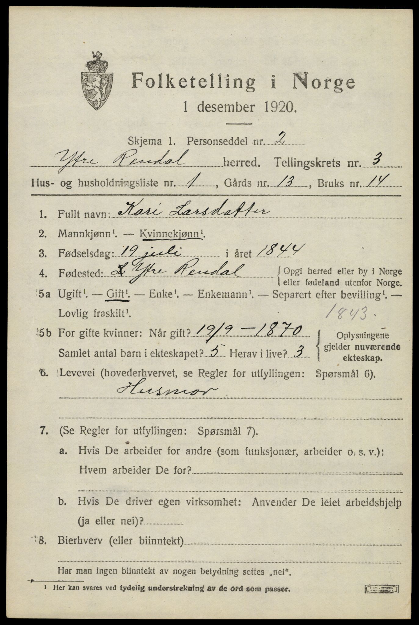 SAH, 1920 census for Ytre Rendal, 1920, p. 1599