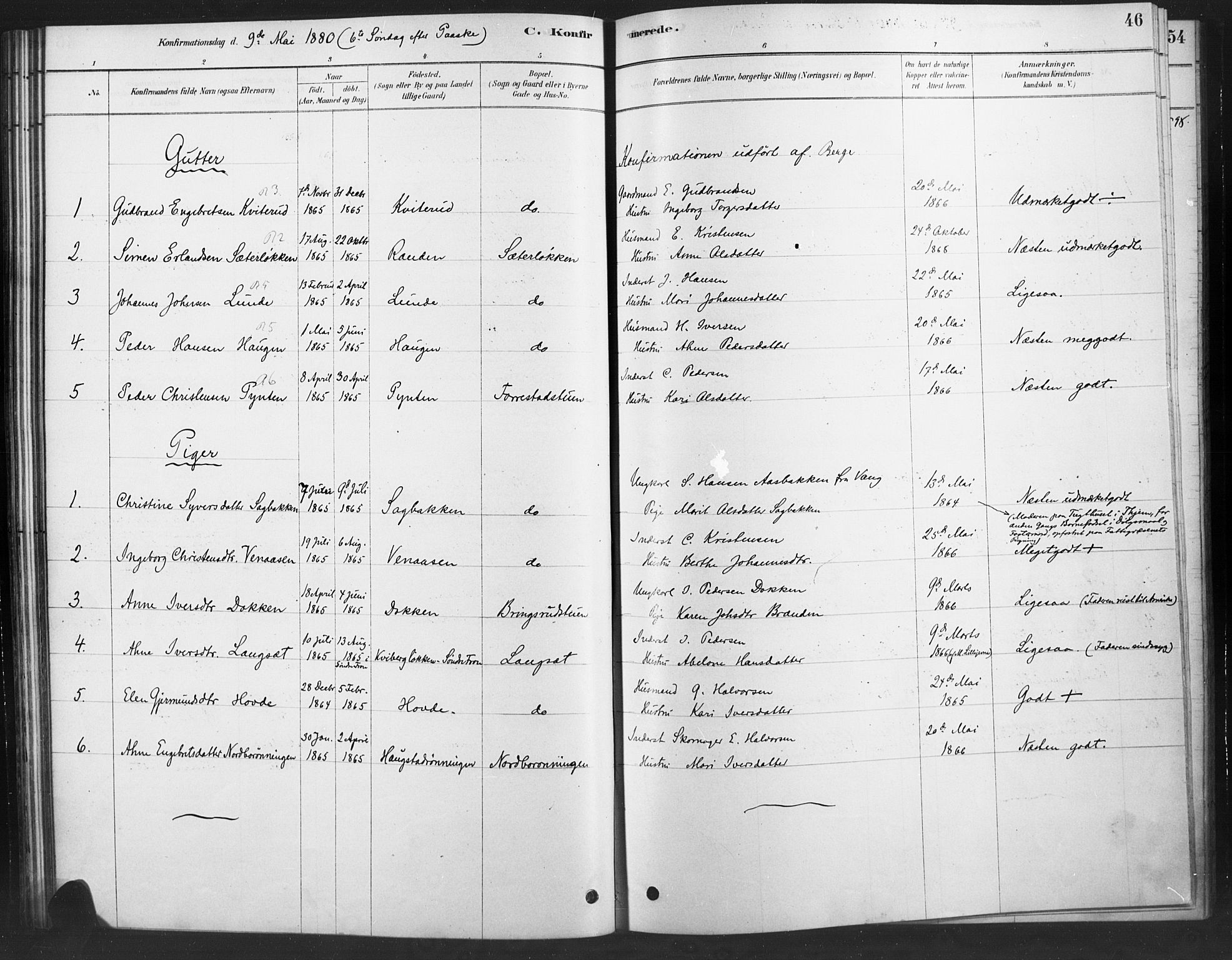 Ringebu prestekontor, SAH/PREST-082/H/Ha/Haa/L0010: Parish register (official) no. 10, 1878-1898, p. 46