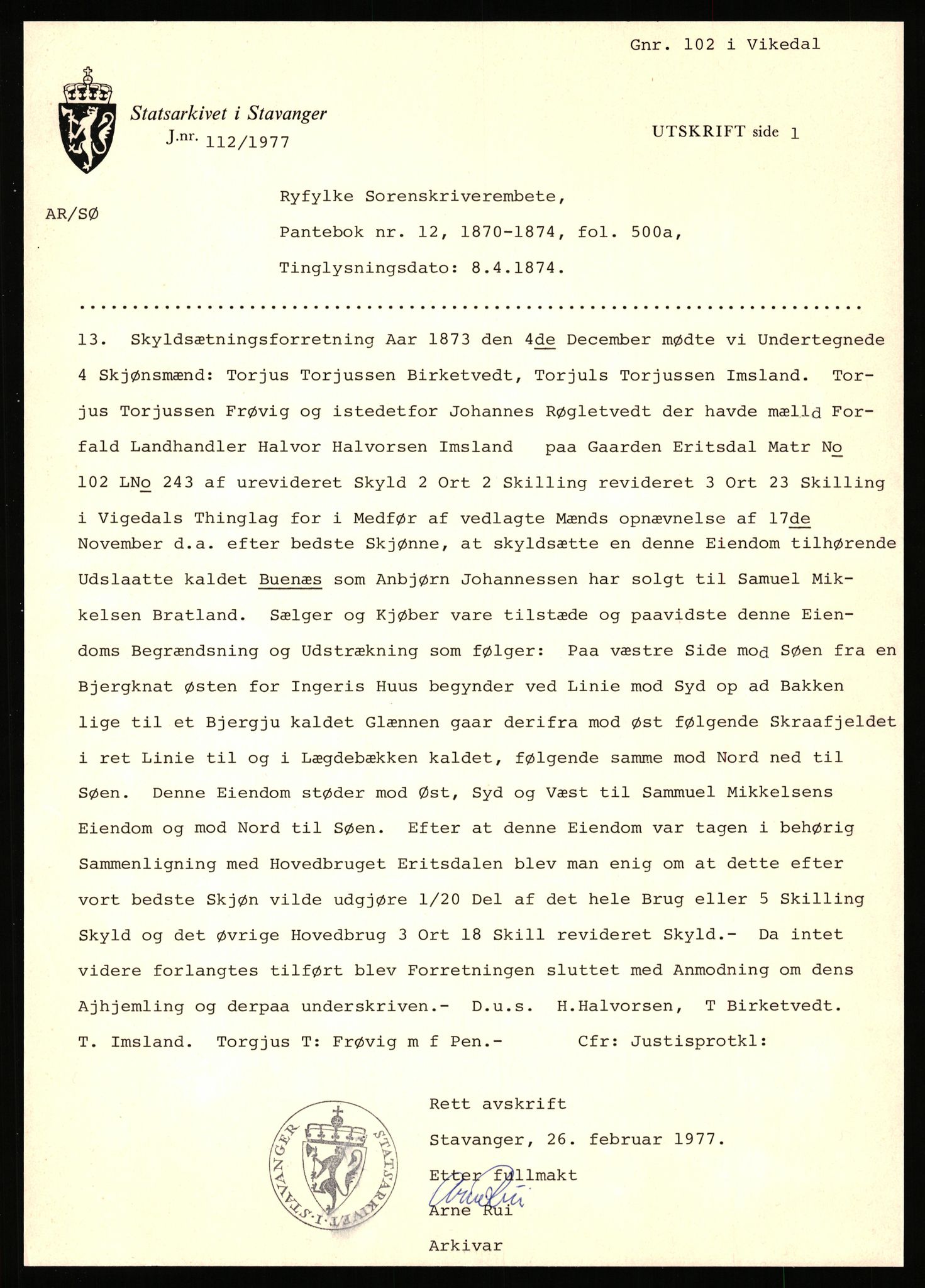 Statsarkivet i Stavanger, SAST/A-101971/03/Y/Yj/L0018: Avskrifter sortert etter gårdsnavn: Engelsvold - Espevold nedre, 1750-1930, p. 287