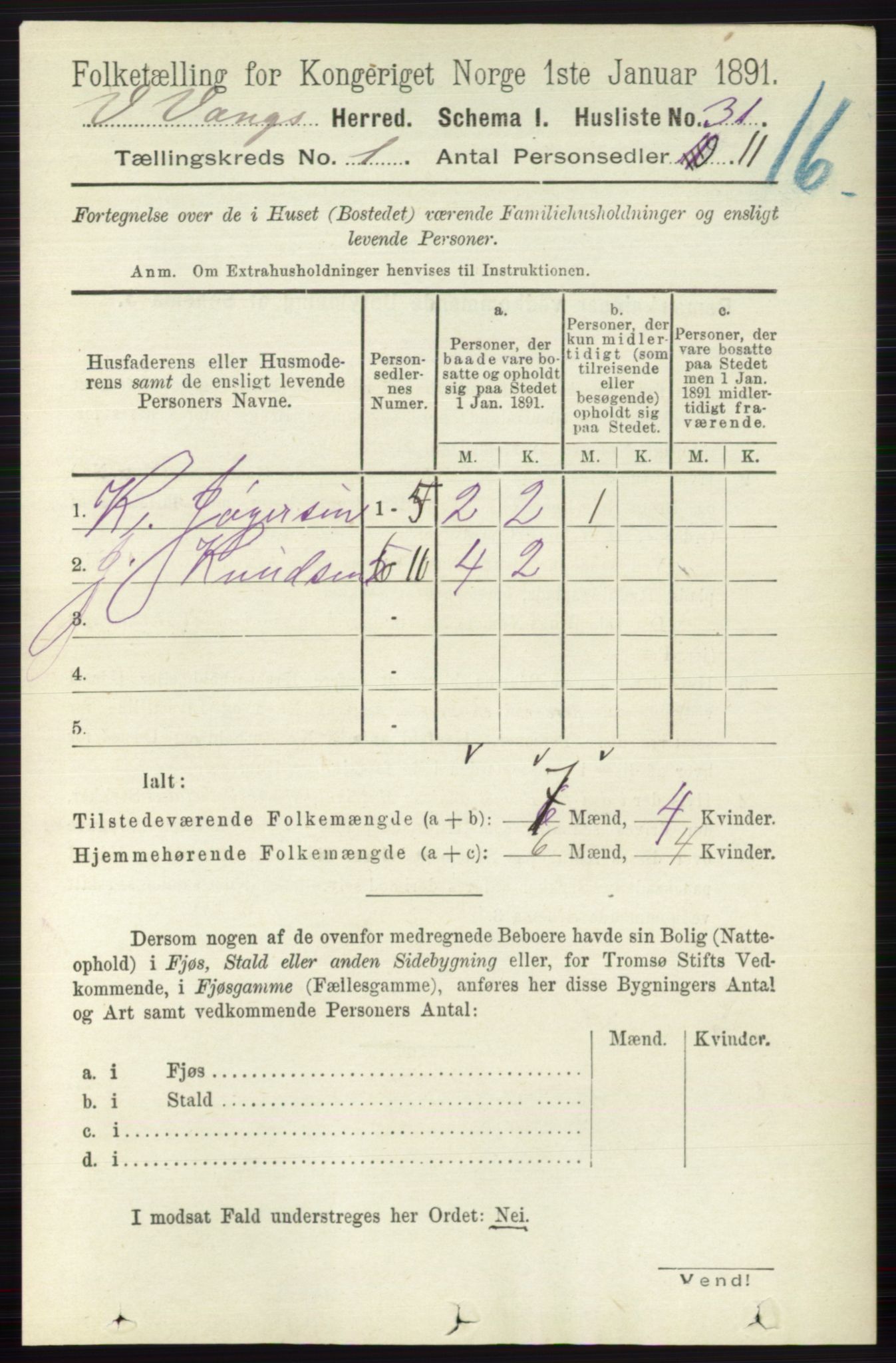 RA, 1891 census for 0545 Vang, 1891, p. 61