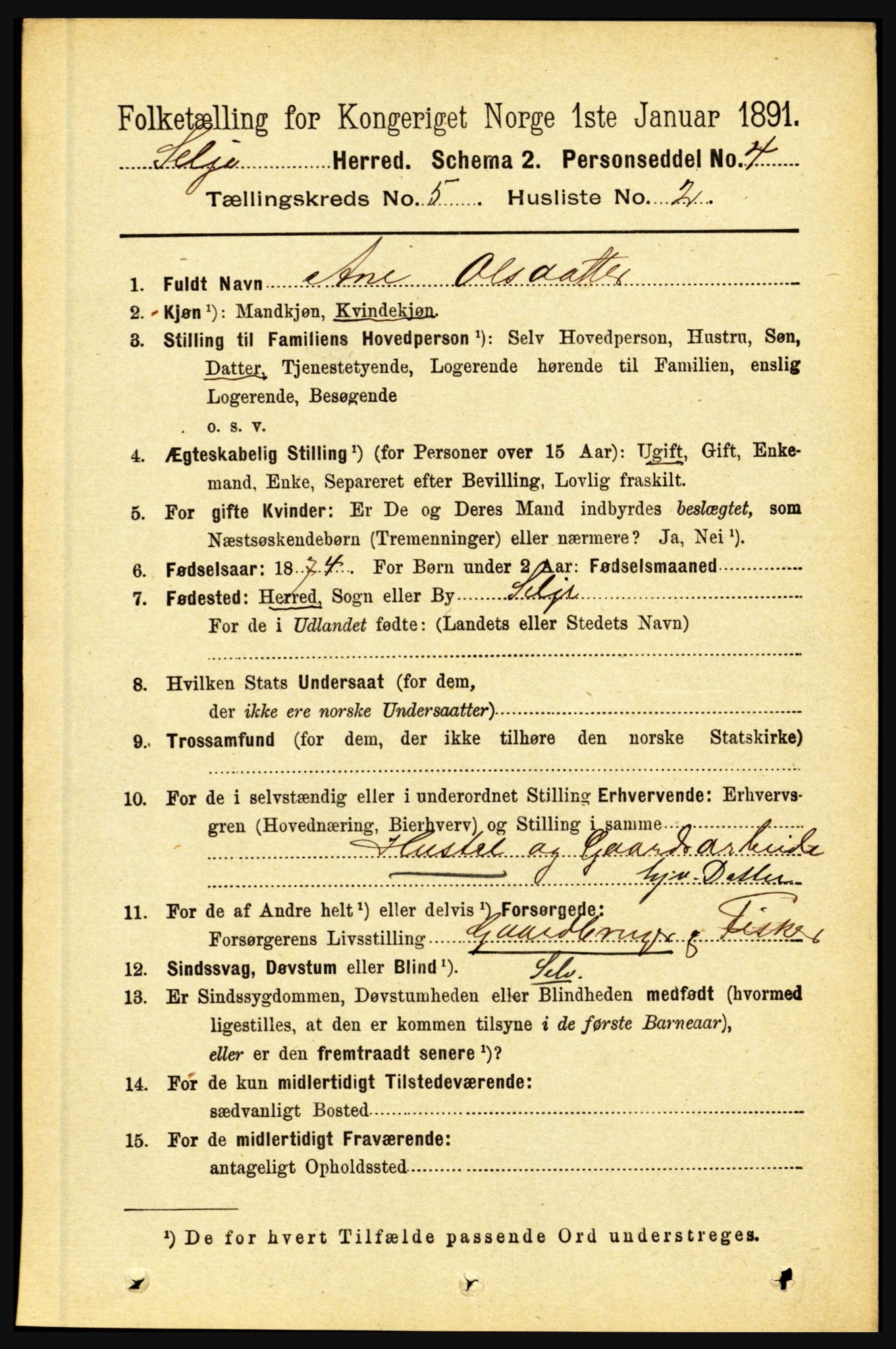 RA, 1891 census for 1441 Selje, 1891, p. 1406