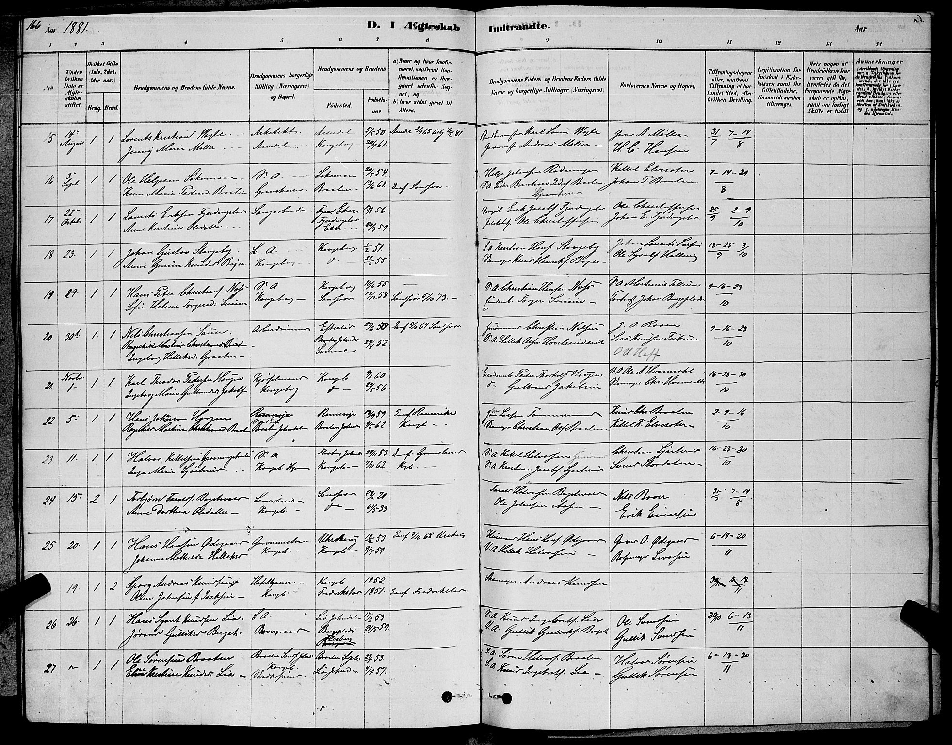 Kongsberg kirkebøker, SAKO/A-22/G/Ga/L0005: Parish register (copy) no. 5, 1878-1889, p. 166