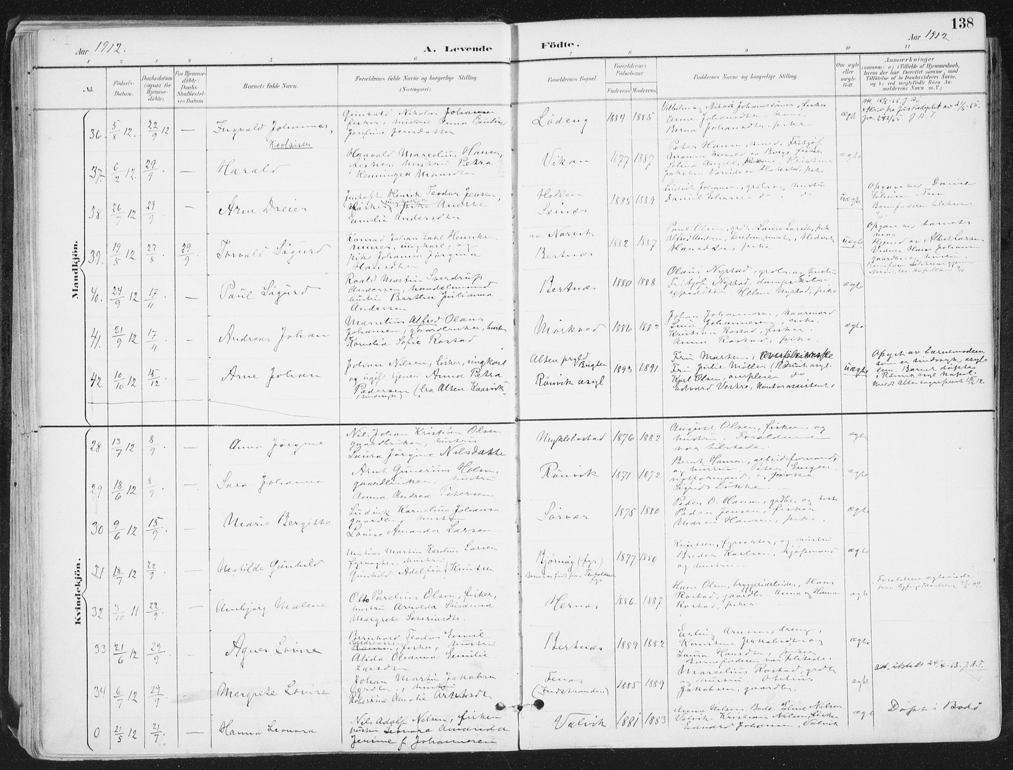 Ministerialprotokoller, klokkerbøker og fødselsregistre - Nordland, SAT/A-1459/802/L0055: Parish register (official) no. 802A02, 1894-1915, p. 138