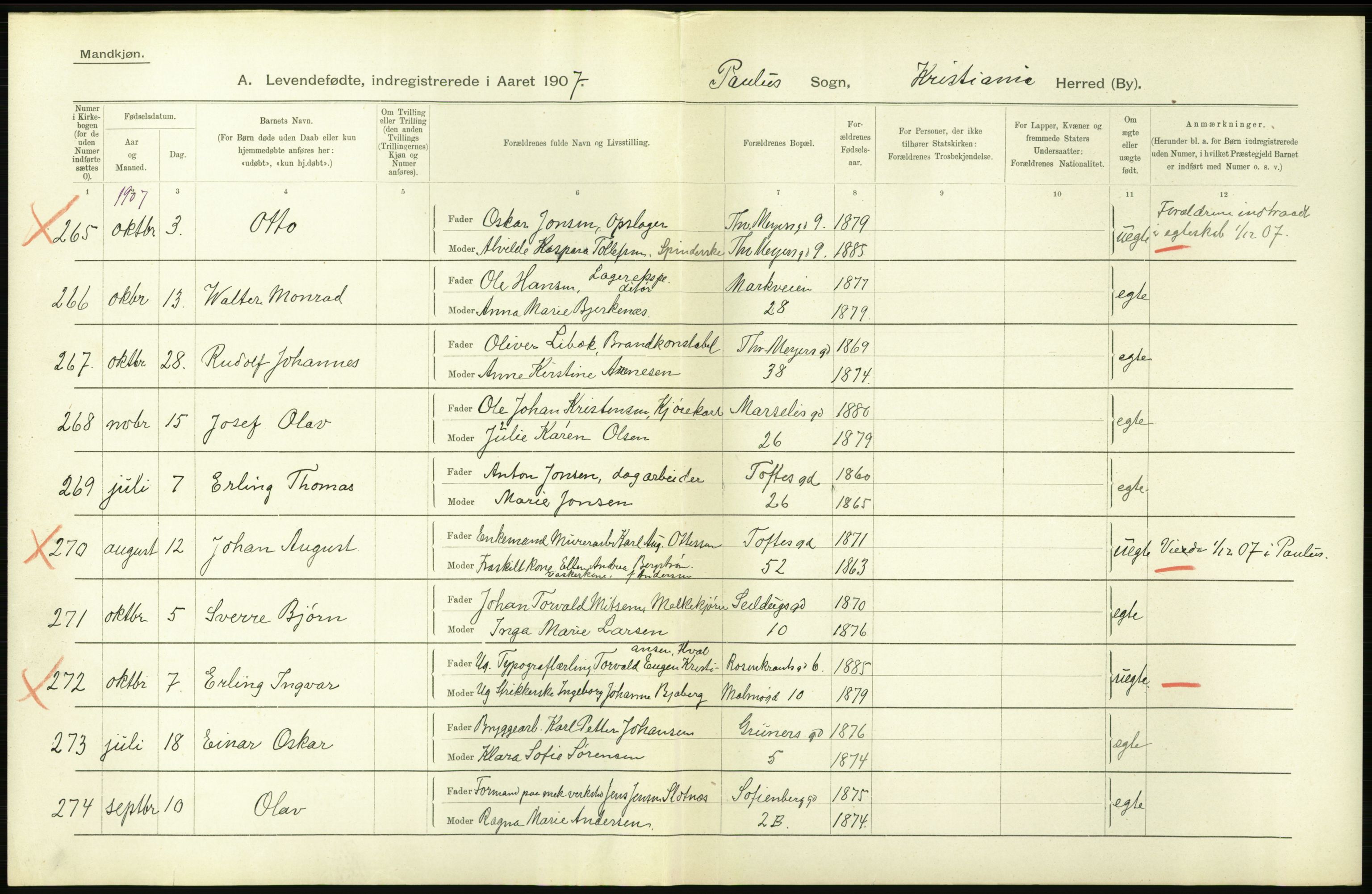 Statistisk sentralbyrå, Sosiodemografiske emner, Befolkning, AV/RA-S-2228/D/Df/Dfa/Dfae/L0006: Kristiania: Levendefødte menn og kvinner., 1907, p. 444