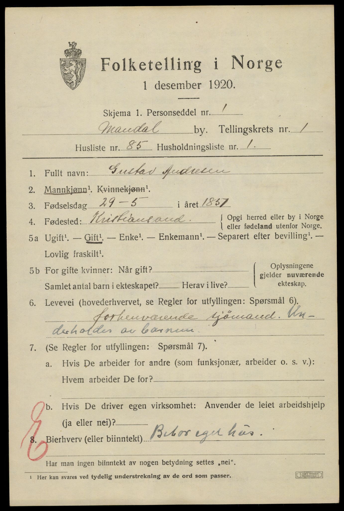 SAK, 1920 census for Mandal, 1920, p. 4117