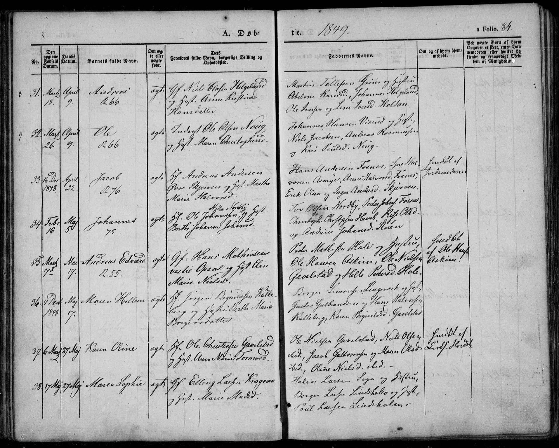 Lardal kirkebøker, AV/SAKO-A-350/F/Fa/L0006: Parish register (official) no. I 6, 1835-1860, p. 84