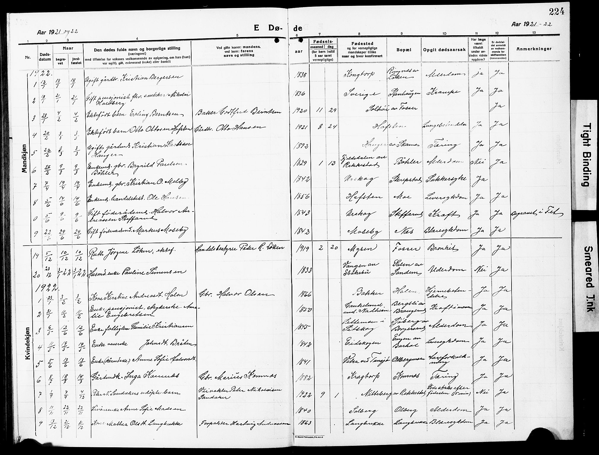 Høland prestekontor Kirkebøker, AV/SAO-A-10346a/G/Ga/L0008: Parish register (copy) no. I 8, 1915-1929, p. 224