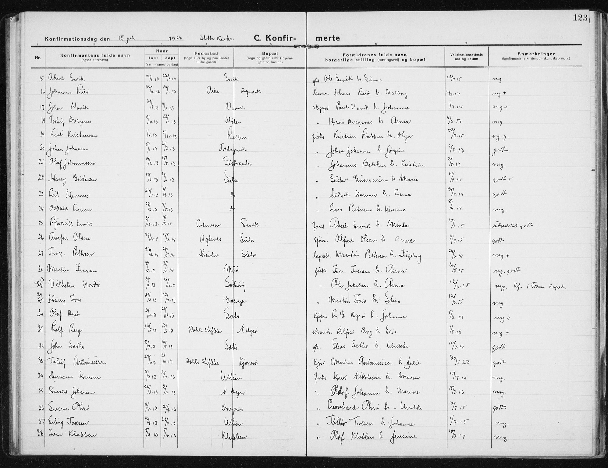 Ministerialprotokoller, klokkerbøker og fødselsregistre - Sør-Trøndelag, SAT/A-1456/640/L0589: Parish register (copy) no. 640C06, 1922-1934, p. 123