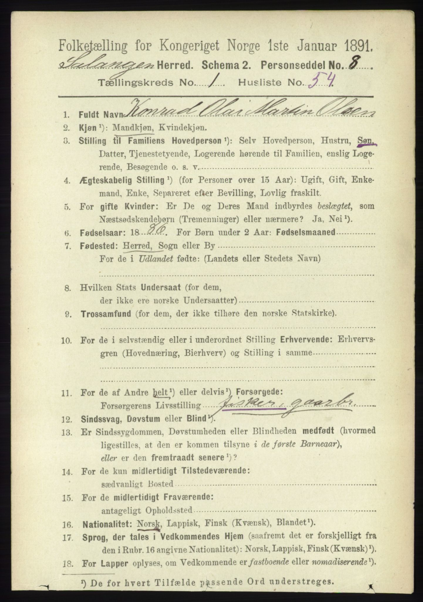 RA, 1891 census for 1921 Salangen, 1891, p. 466