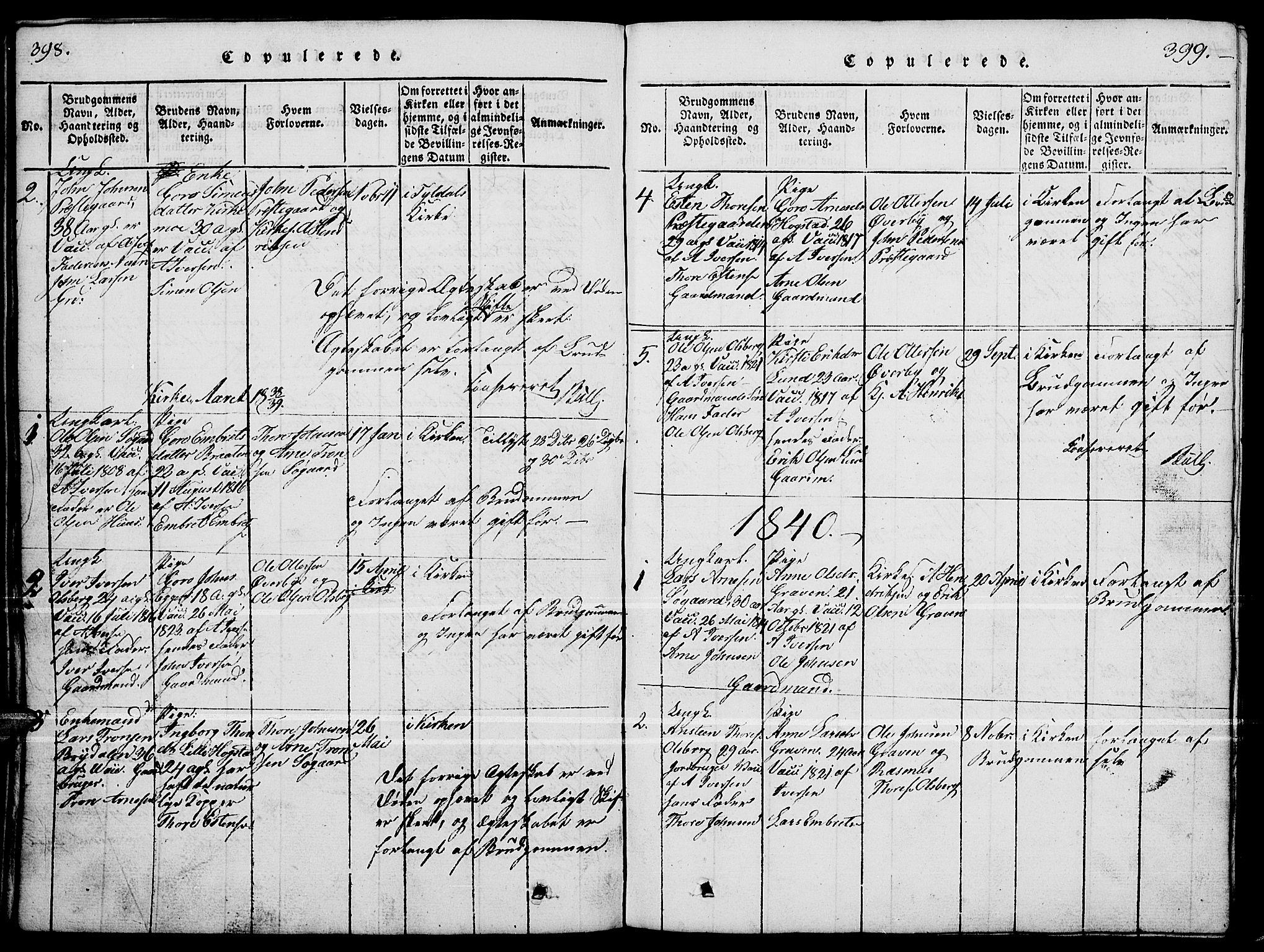 Tynset prestekontor, SAH/PREST-058/H/Ha/Hab/L0004: Parish register (copy) no. 4, 1814-1879, p. 398-399
