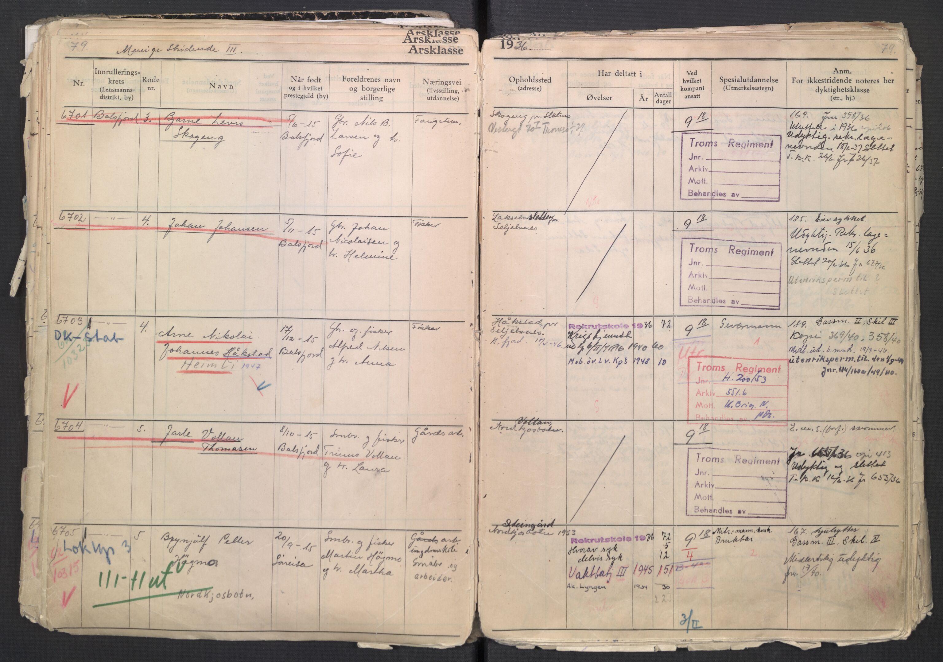 Forsvaret, Troms infanteriregiment nr. 16, AV/RA-RAFA-3146/P/Pa/L0007/0001: Ruller / Rulle for regimentets menige mannskaper, årsklasse 1936, 1936, p. 79