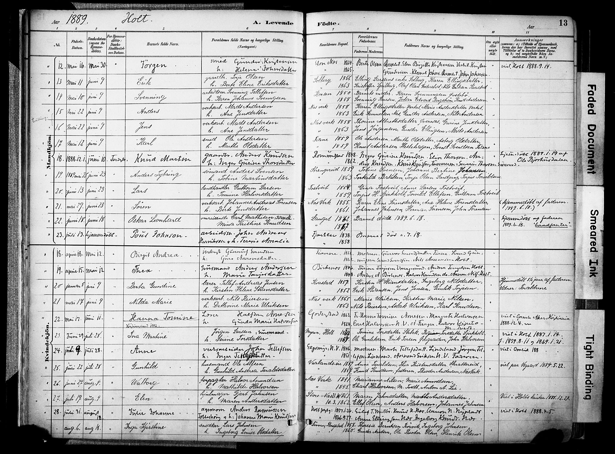 Holt sokneprestkontor, AV/SAK-1111-0021/F/Fa/L0012: Parish register (official) no. A 12, 1885-1907, p. 13