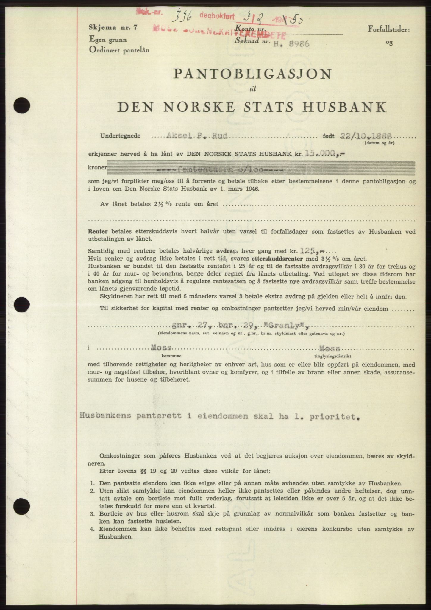 Moss sorenskriveri, SAO/A-10168: Mortgage book no. B23, 1949-1950, Diary no: : 336/1950