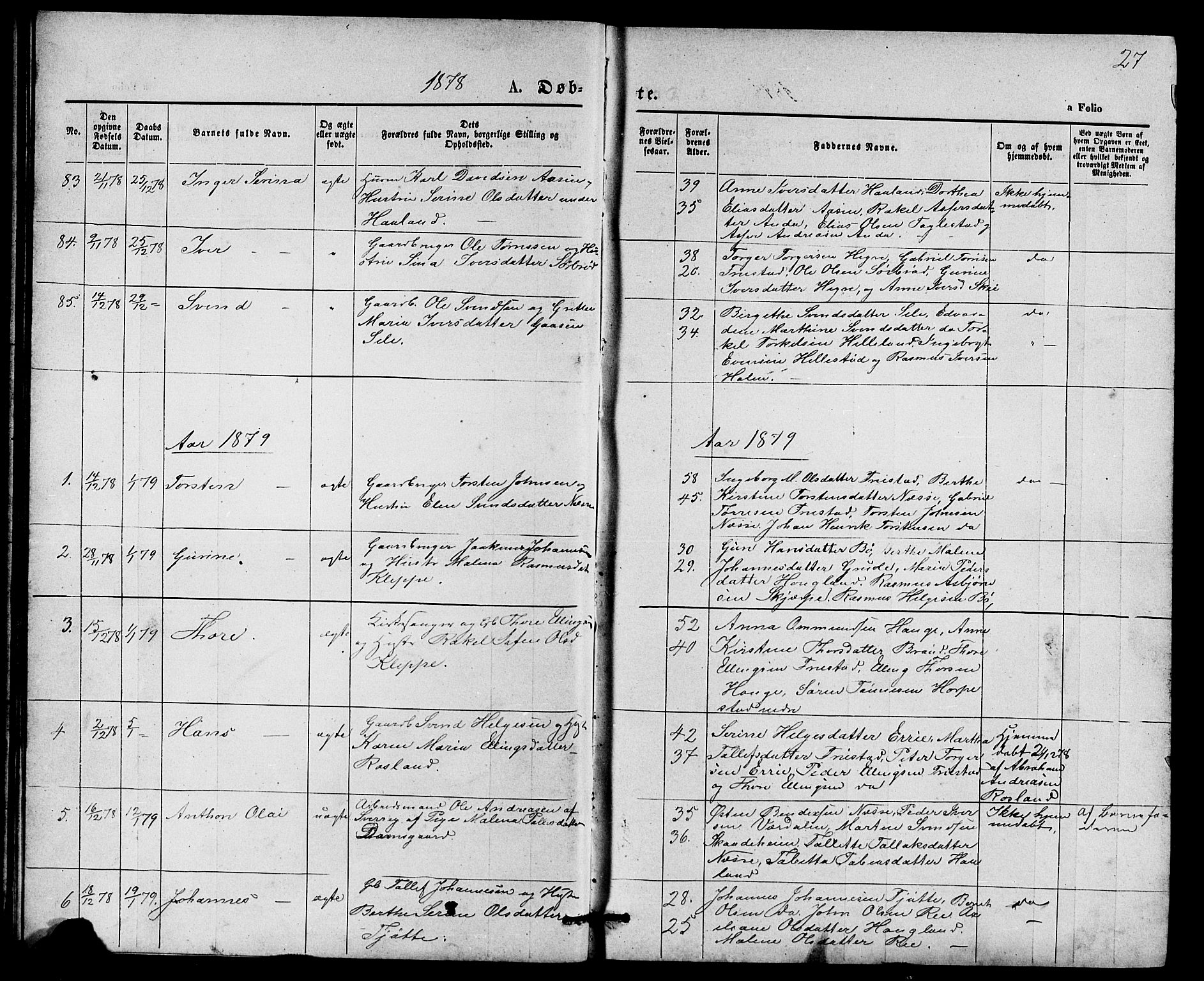 Klepp sokneprestkontor, SAST/A-101803/001/3/30BB/L0003: Parish register (copy) no. B 3, 1876-1888, p. 27