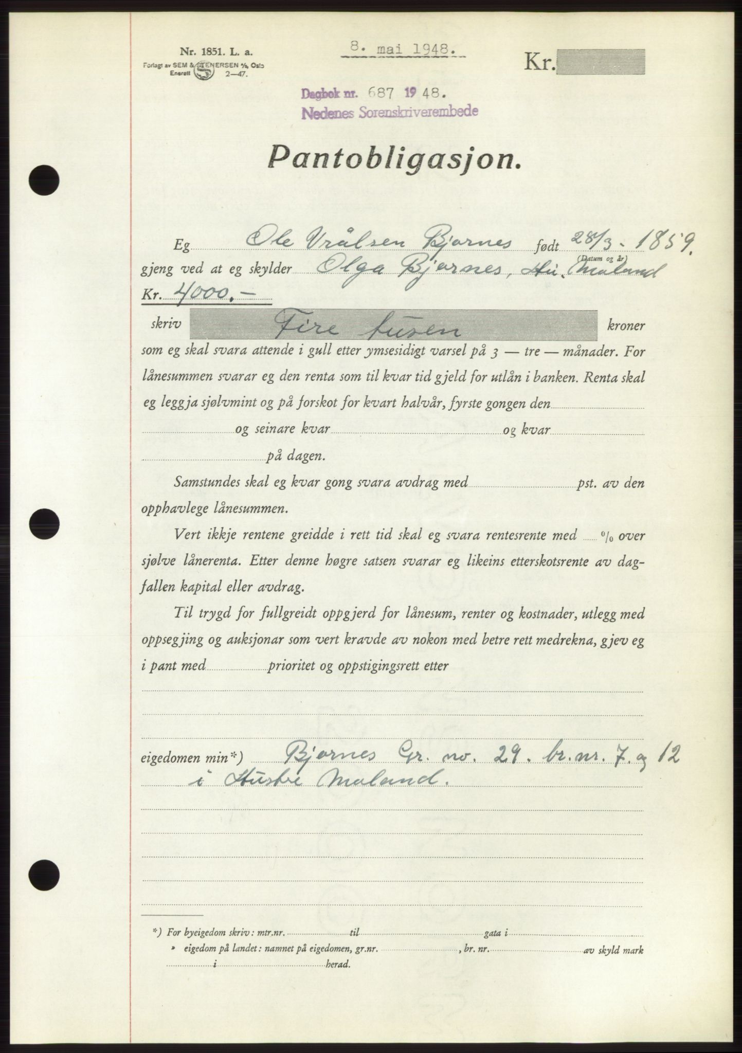 Nedenes sorenskriveri, AV/SAK-1221-0006/G/Gb/Gbb/L0005: Mortgage book no. B5, 1948-1948, Diary no: : 687/1948