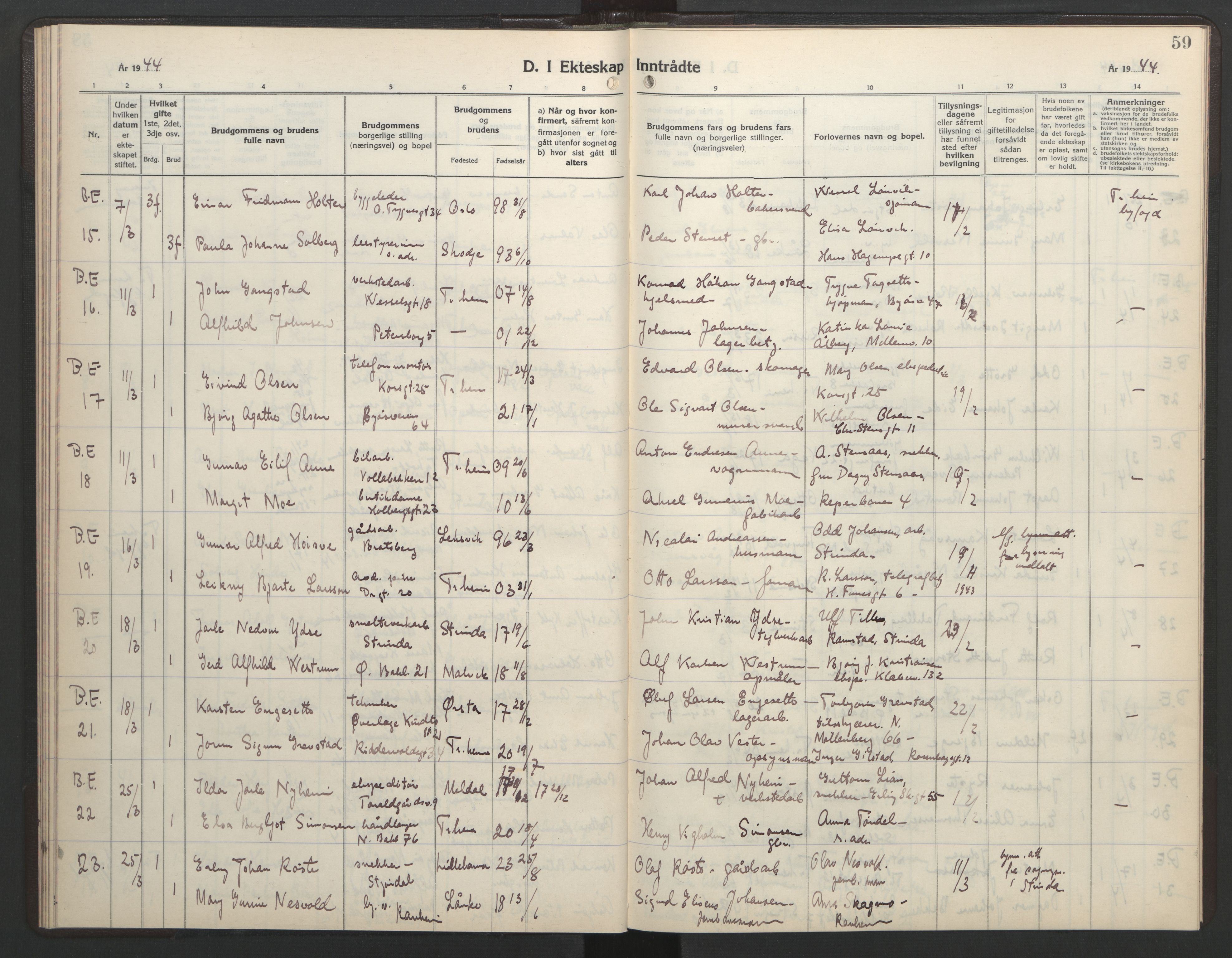 Ministerialprotokoller, klokkerbøker og fødselsregistre - Sør-Trøndelag, AV/SAT-A-1456/602/L0154: Parish register (copy) no. 602C22, 1940-1947, p. 59