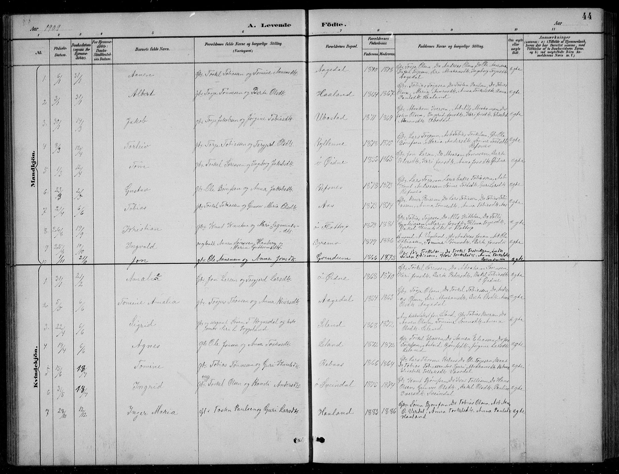 Bjelland sokneprestkontor, SAK/1111-0005/F/Fb/Fbc/L0003: Parish register (copy) no. B 3, 1887-1924, p. 44