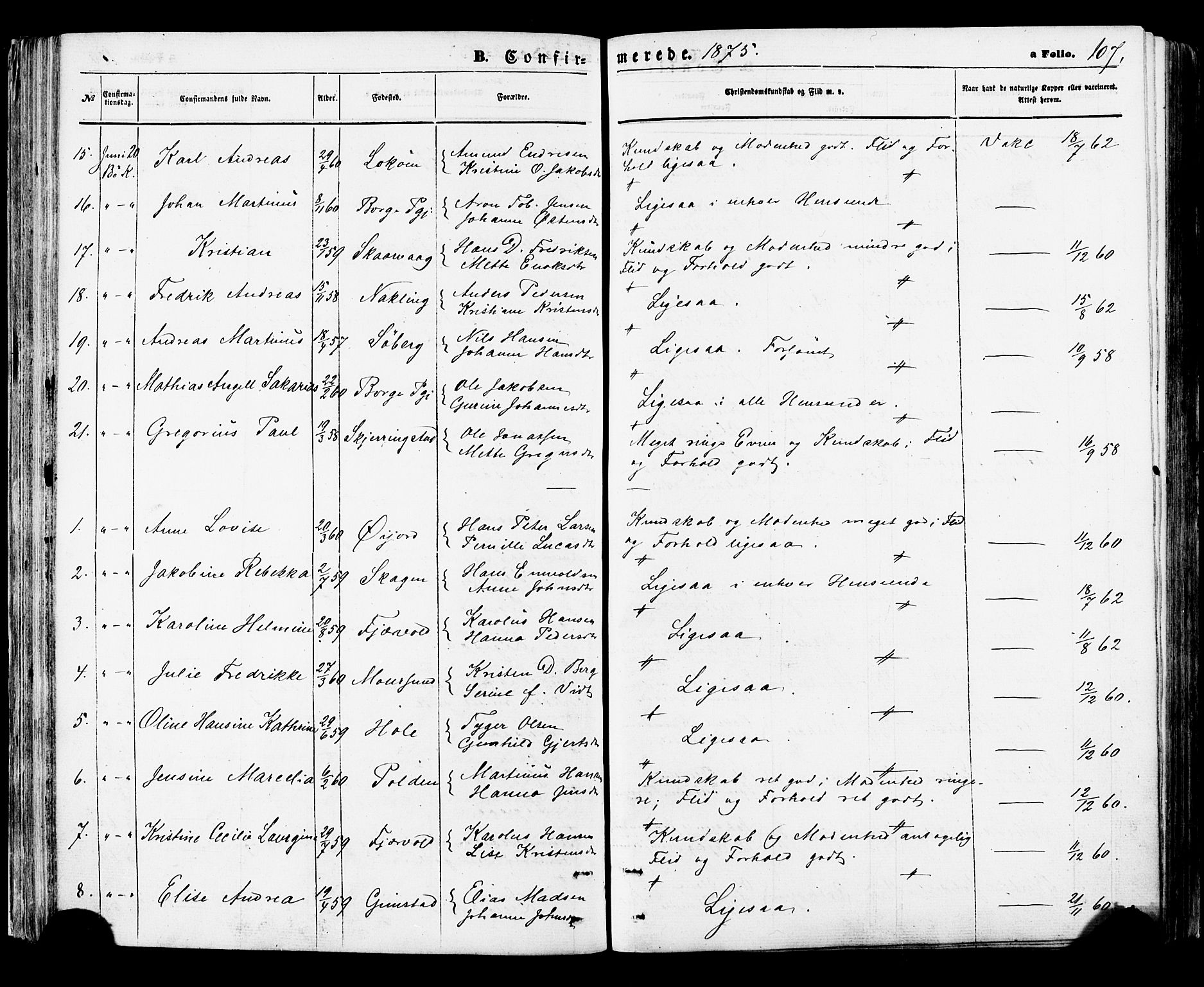 Ministerialprotokoller, klokkerbøker og fødselsregistre - Nordland, AV/SAT-A-1459/891/L1301: Parish register (official) no. 891A06, 1870-1878, p. 107