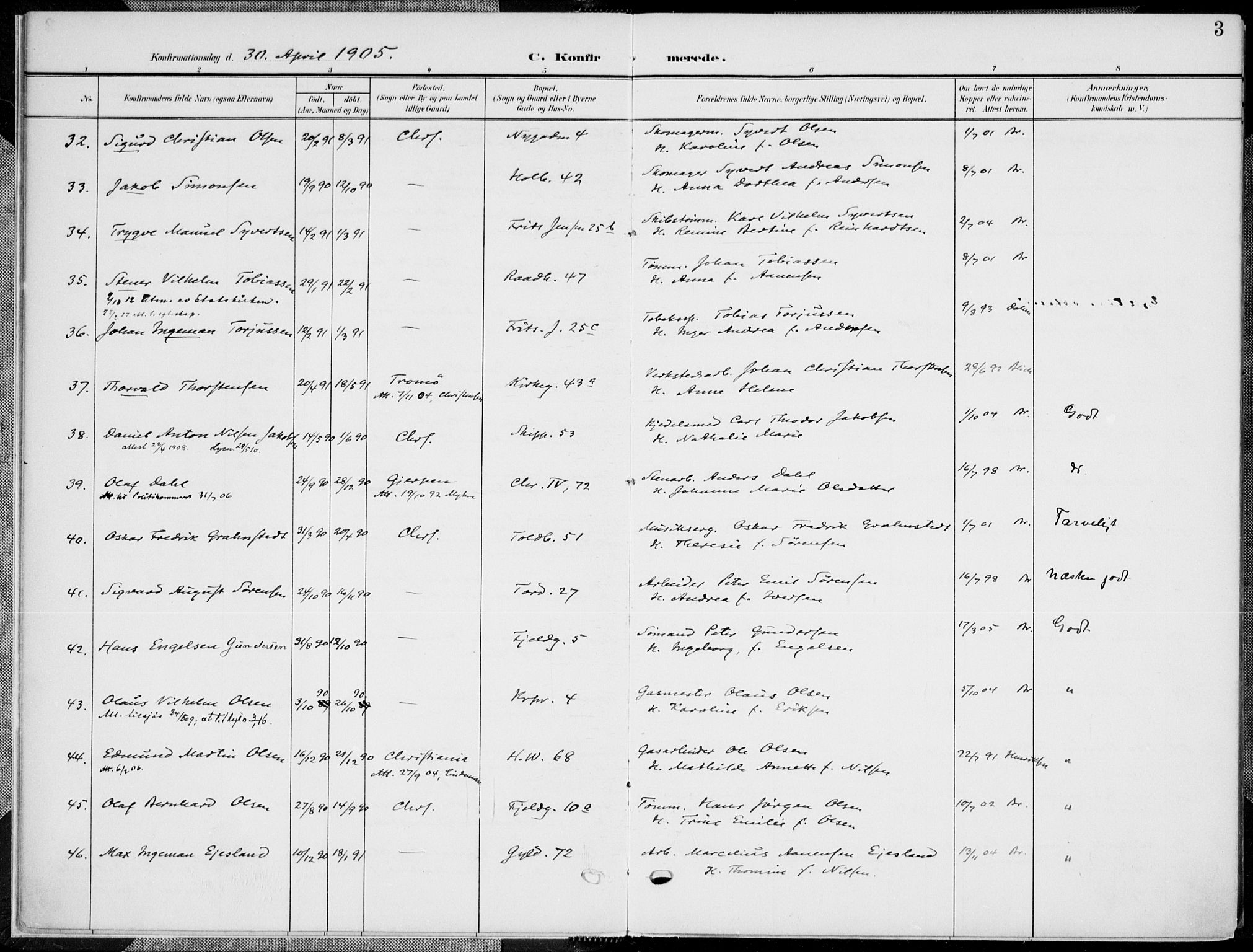Kristiansand domprosti, SAK/1112-0006/F/Fa/L0022: Parish register (official) no. A 21, 1905-1916, p. 3