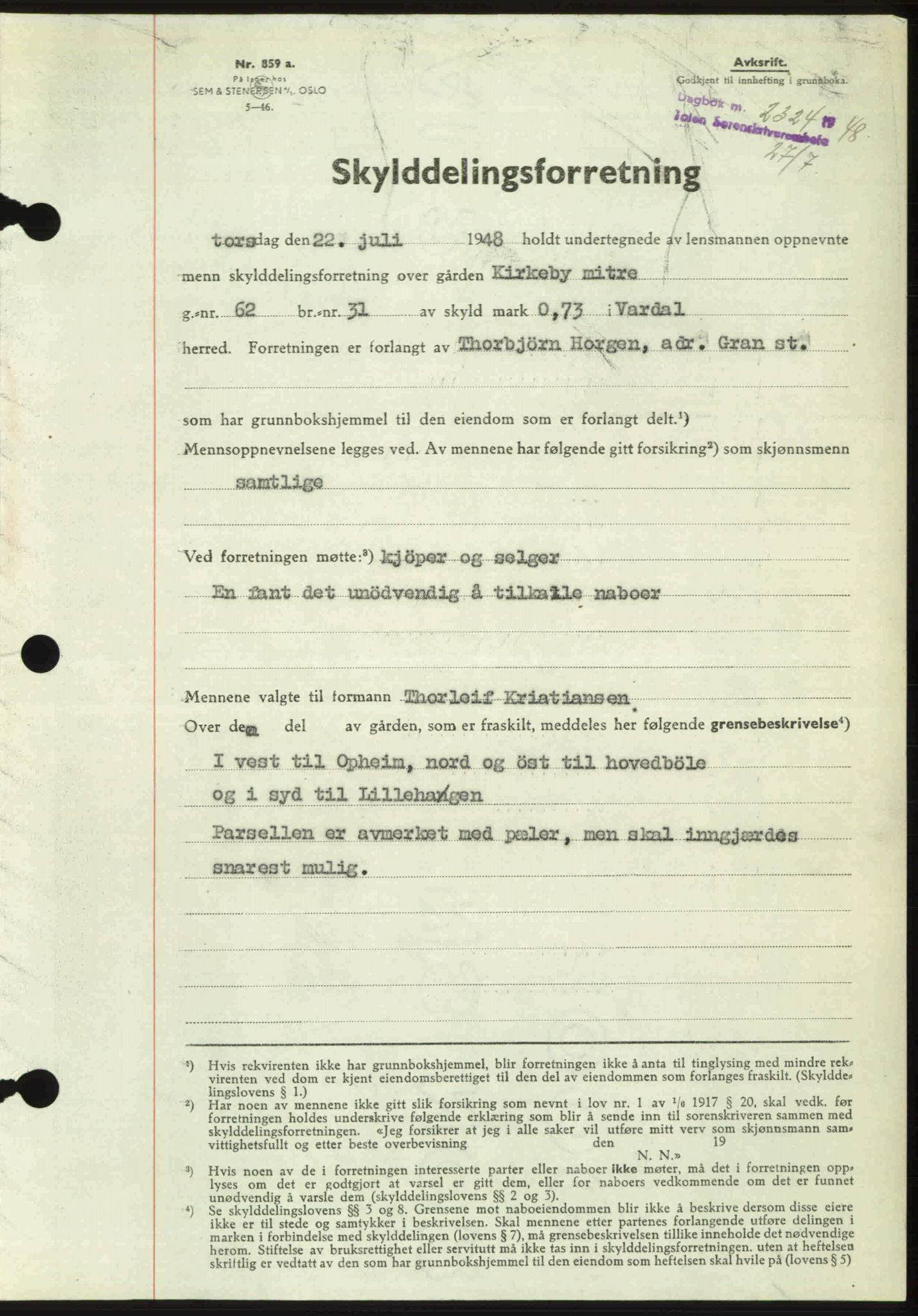Toten tingrett, SAH/TING-006/H/Hb/Hbc/L0020: Mortgage book no. Hbc-20, 1948-1948, Diary no: : 2324/1948