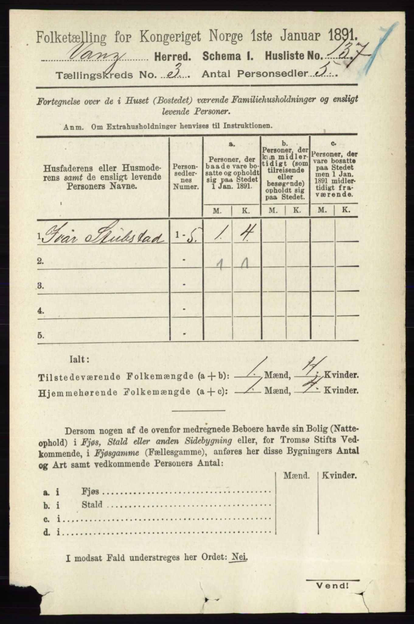 RA, 1891 census for 0414 Vang, 1891, p. 1889