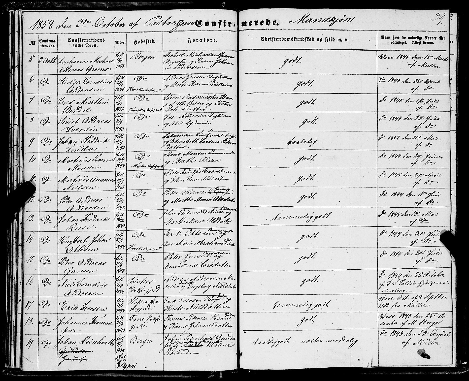 Domkirken sokneprestembete, AV/SAB-A-74801/H/Haa/L0028: Parish register (official) no. C 3, 1852-1864, p. 39