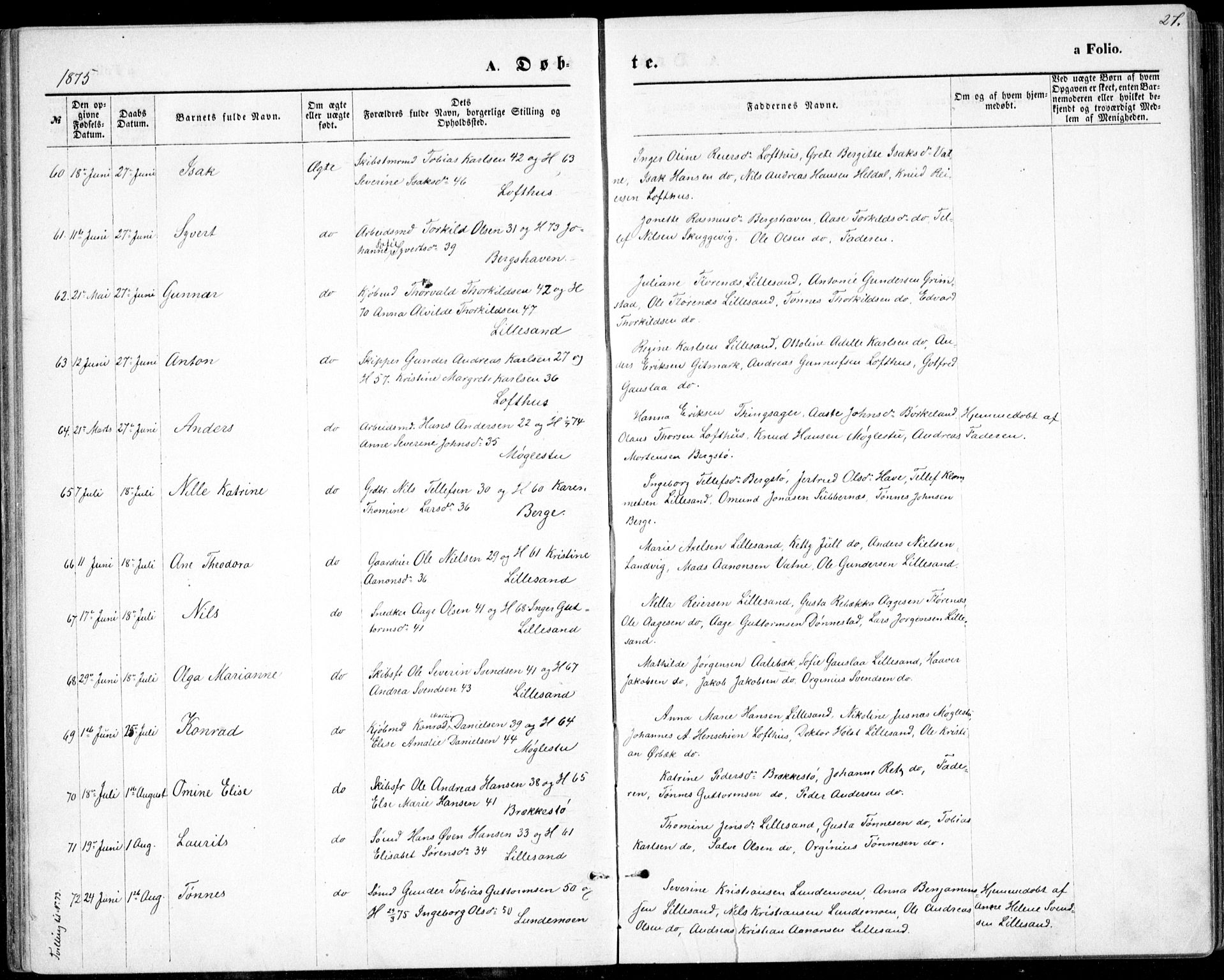 Vestre Moland sokneprestkontor, SAK/1111-0046/F/Fb/Fbb/L0005: Parish register (copy) no. B 5, 1872-1883, p. 27