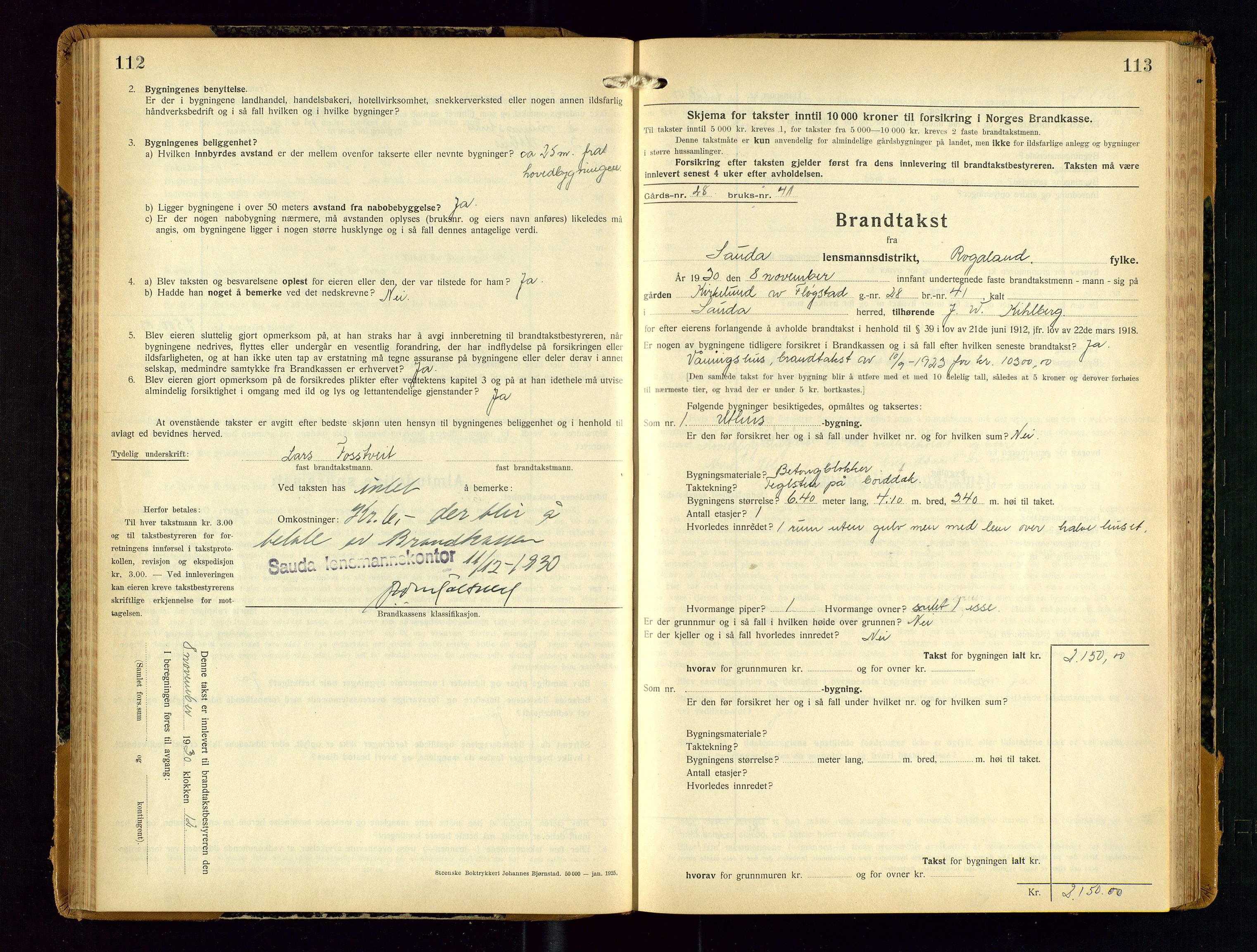 Sauda lensmannskontor, AV/SAST-A-100177/Gob/L0003: Branntakstprotokoll - skjematakst, 1928-1936, p. 112-113