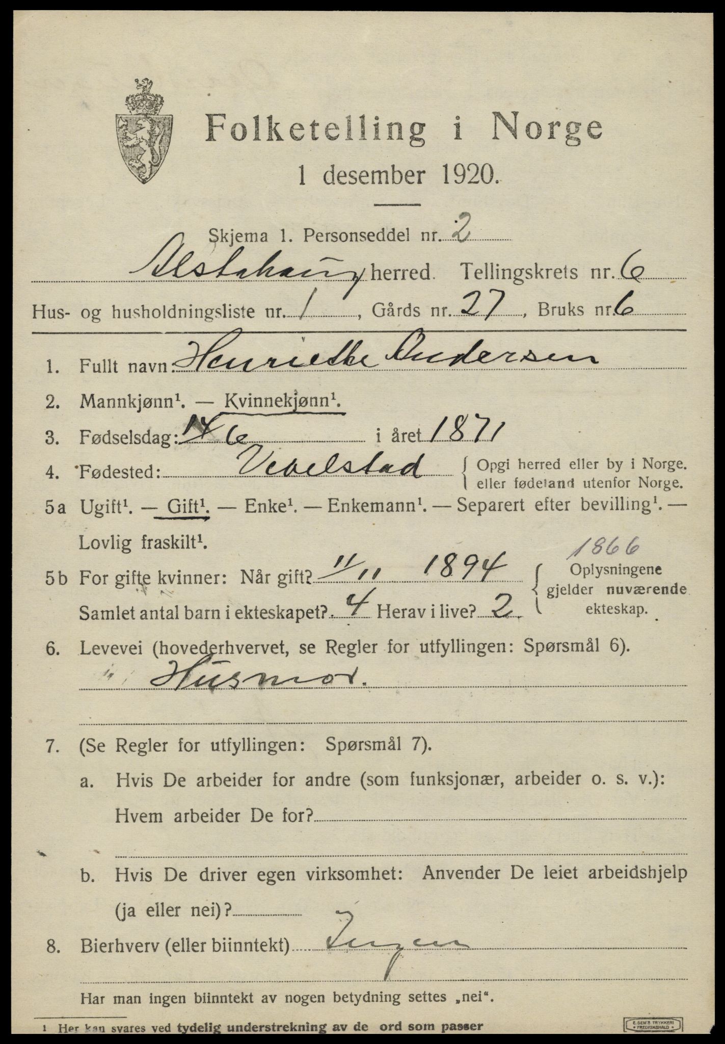 SAT, 1920 census for Alstahaug, 1920, p. 3263