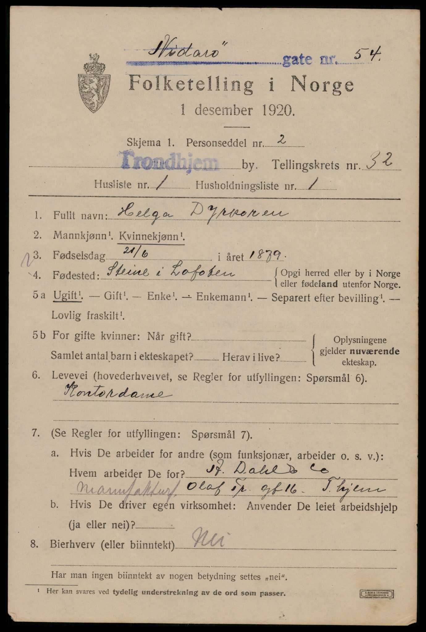 SAT, 1920 census for Trondheim, 1920, p. 77202