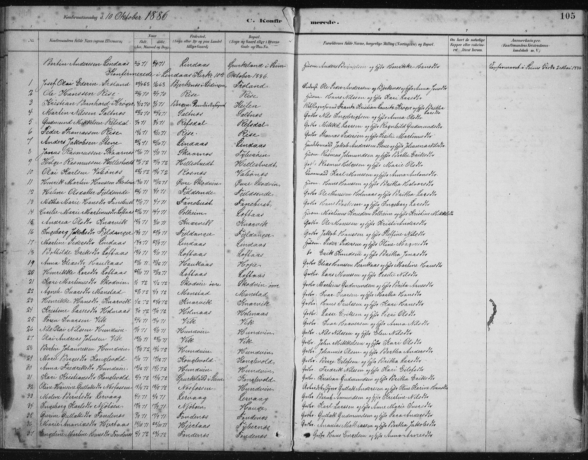 Lindås Sokneprestembete, SAB/A-76701/H/Hab: Parish register (copy) no. B 3, 1886-1914, p. 105