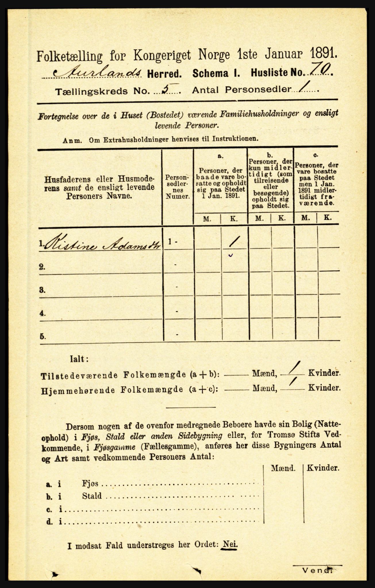 RA, 1891 census for 1421 Aurland, 1891, p. 1778