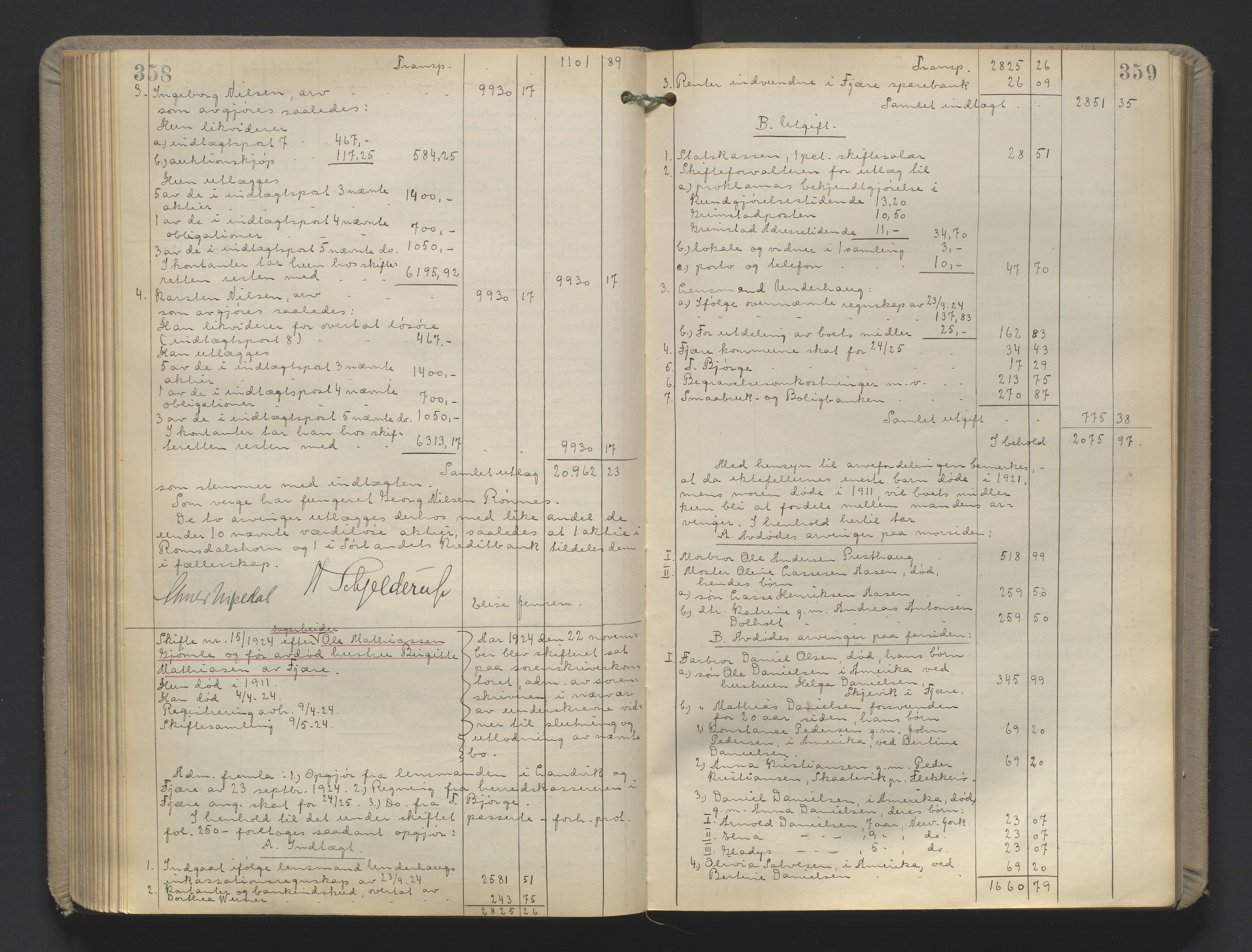 Vestre Nedenes/Sand sorenskriveri, AV/SAK-1221-0010/H/Hc/L0022: Skifteutlodningsprotokoll nr. 9, 1919-1932, p. 358-359