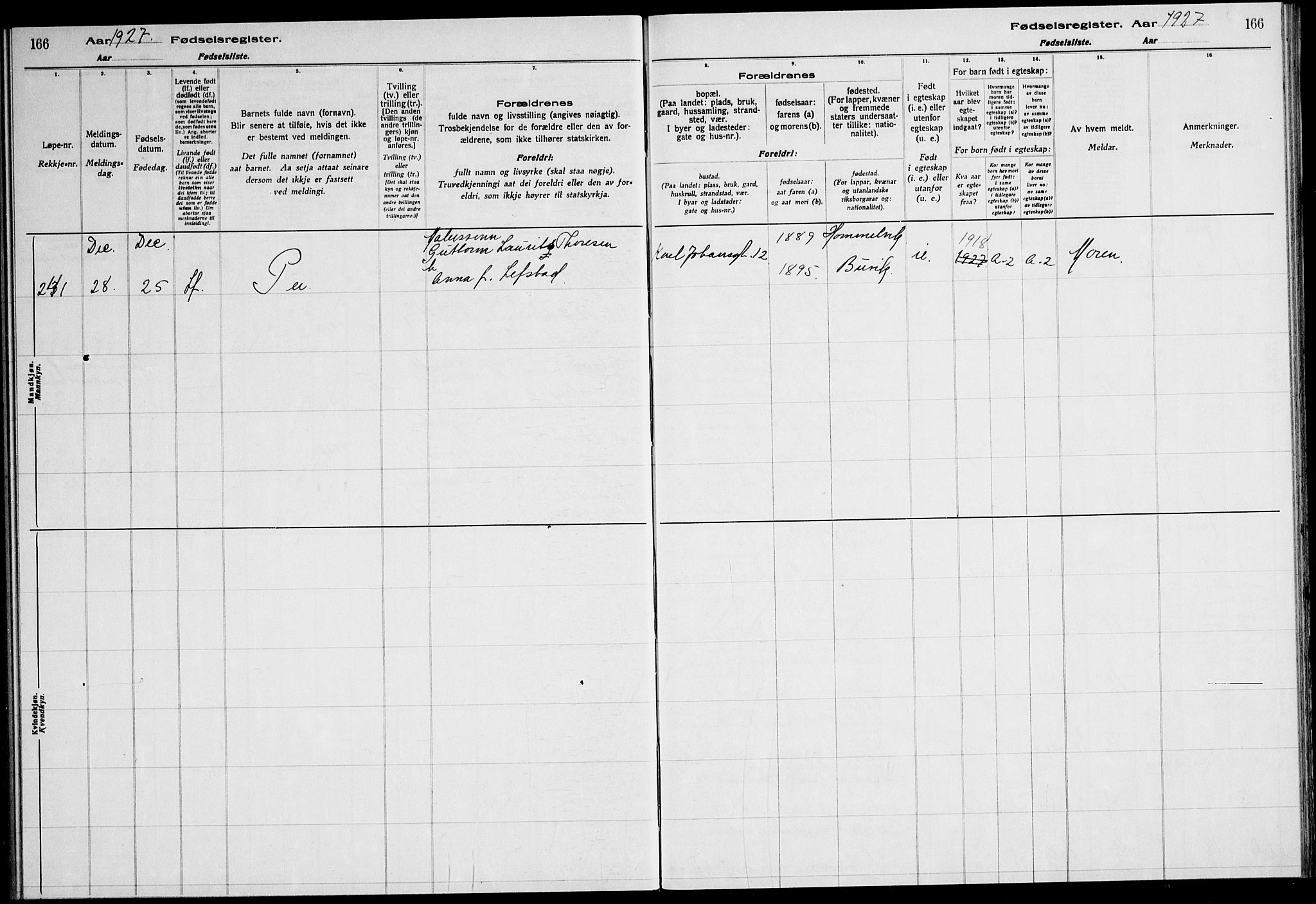 Ministerialprotokoller, klokkerbøker og fødselsregistre - Sør-Trøndelag, SAT/A-1456/600/L0004: Birth register no. 600.II.4.3, 1924-1928, p. 166