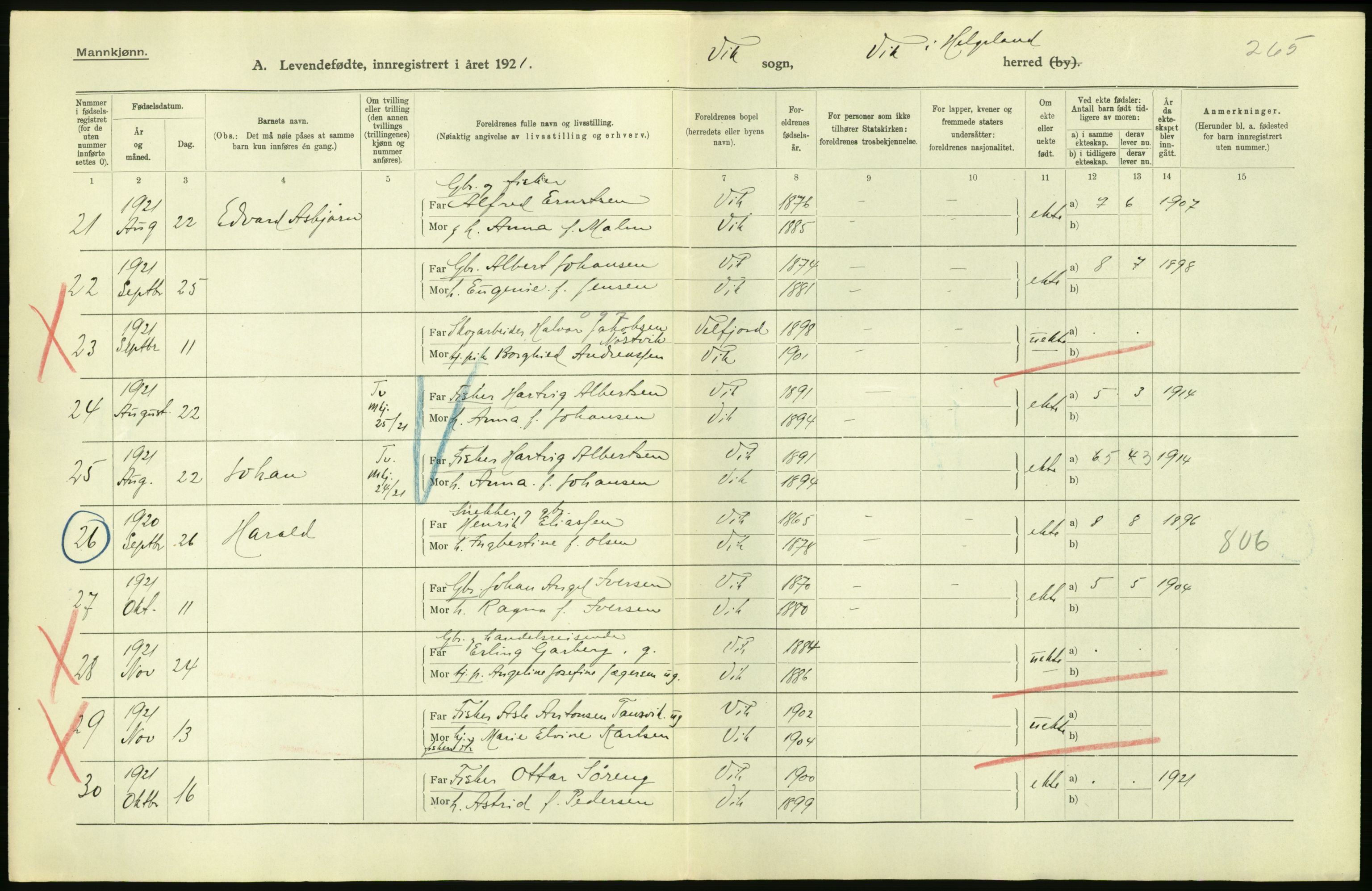 Statistisk sentralbyrå, Sosiodemografiske emner, Befolkning, AV/RA-S-2228/D/Df/Dfc/Dfca/L0049: Nordland fylke: Levendefødte menn og kvinner. Bygder., 1921, p. 472