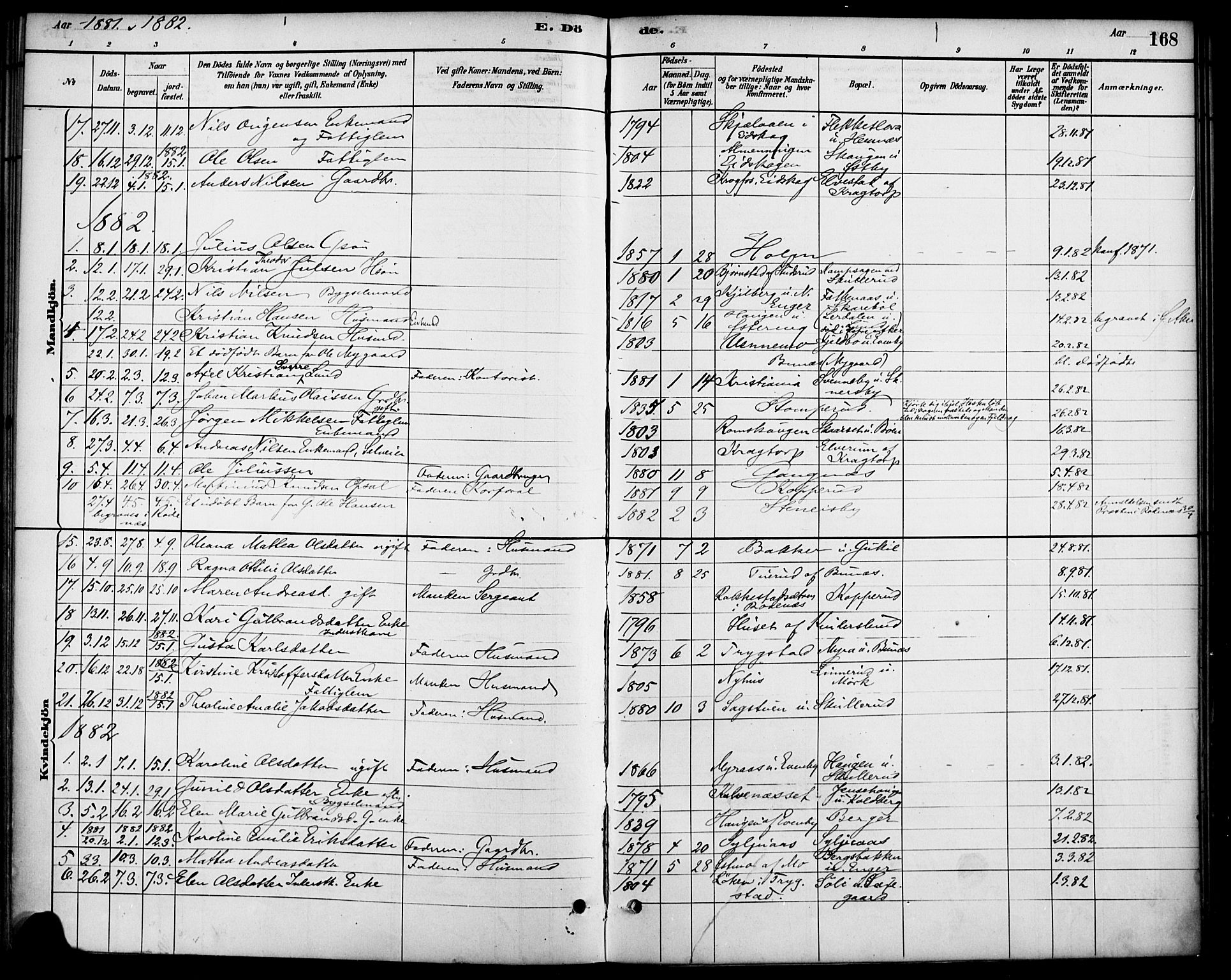 Høland prestekontor Kirkebøker, SAO/A-10346a/F/Fb/L0001: Parish register (official) no. II 1, 1880-1897, p. 168