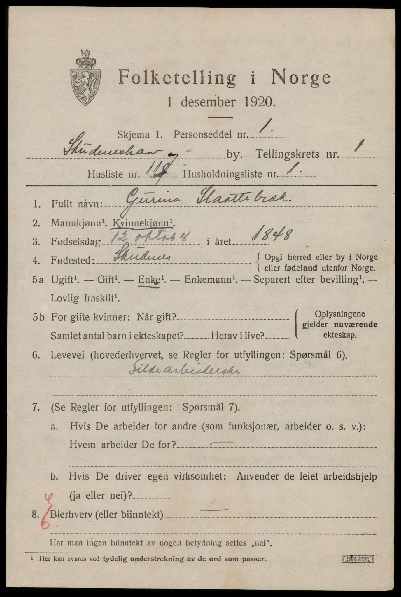 SAST, 1920 census for Skudeneshavn, 1920, p. 2454