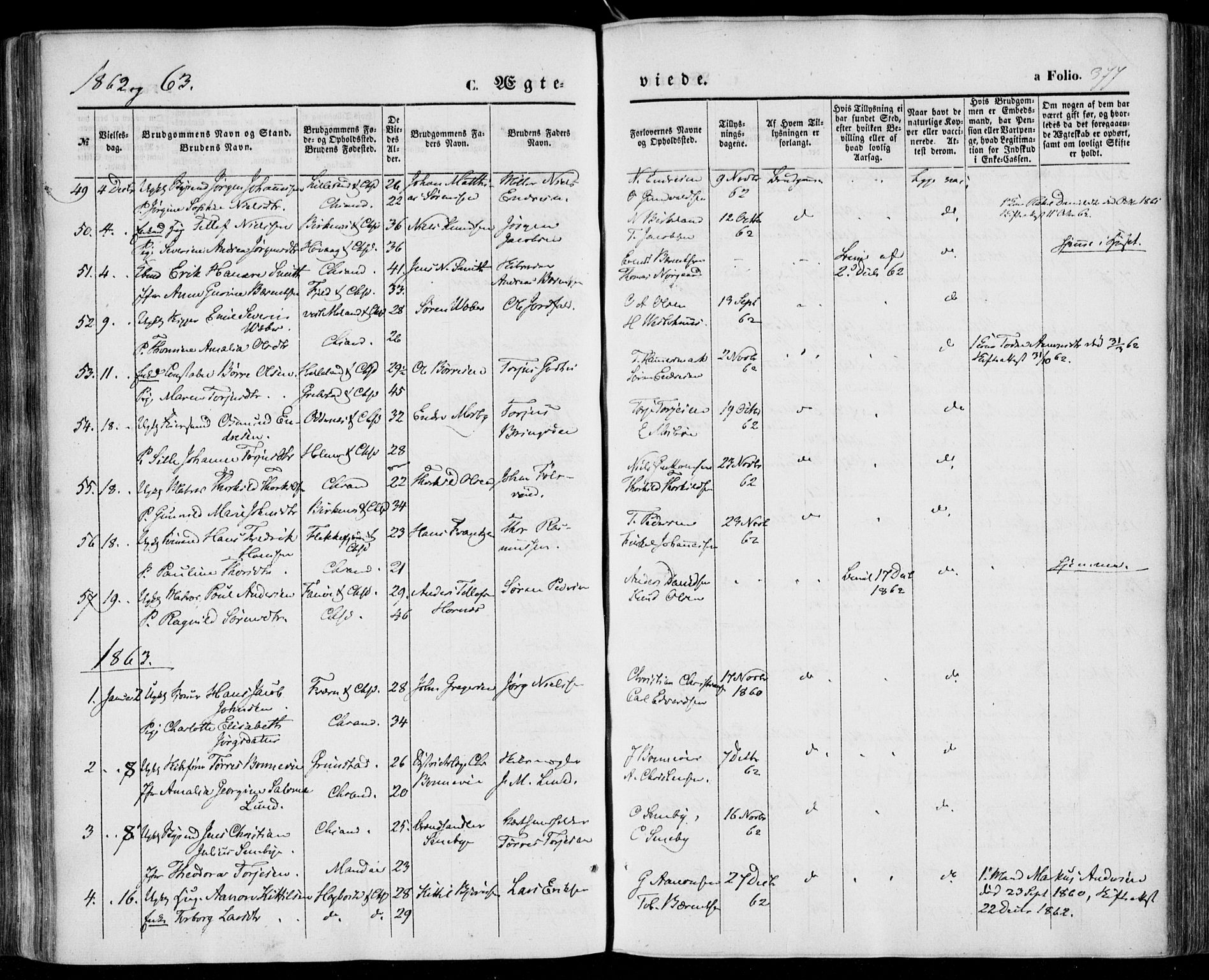 Kristiansand domprosti, SAK/1112-0006/F/Fa/L0014: Parish register (official) no. A 14, 1852-1867, p. 377