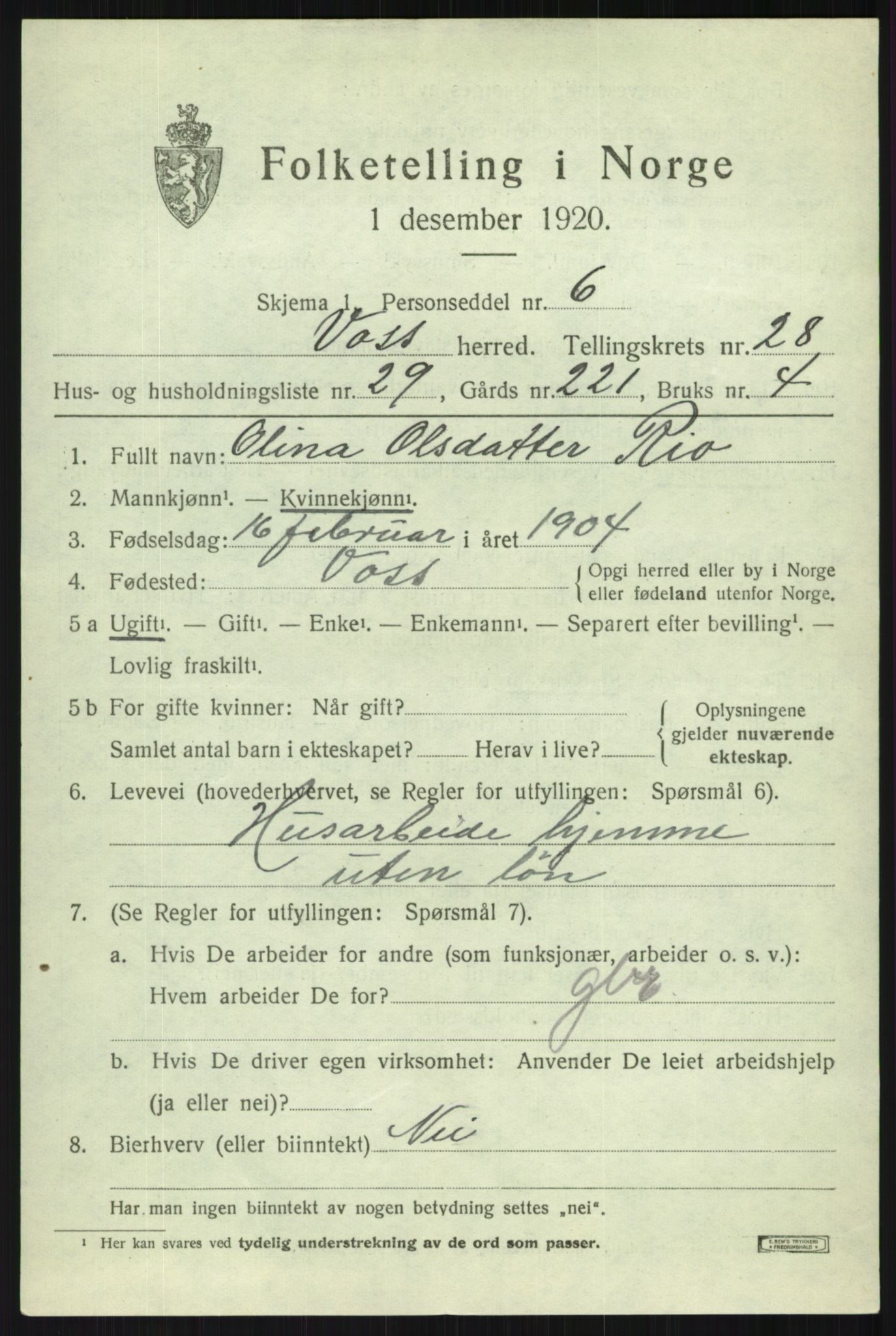 SAB, 1920 census for Voss, 1920, p. 19255