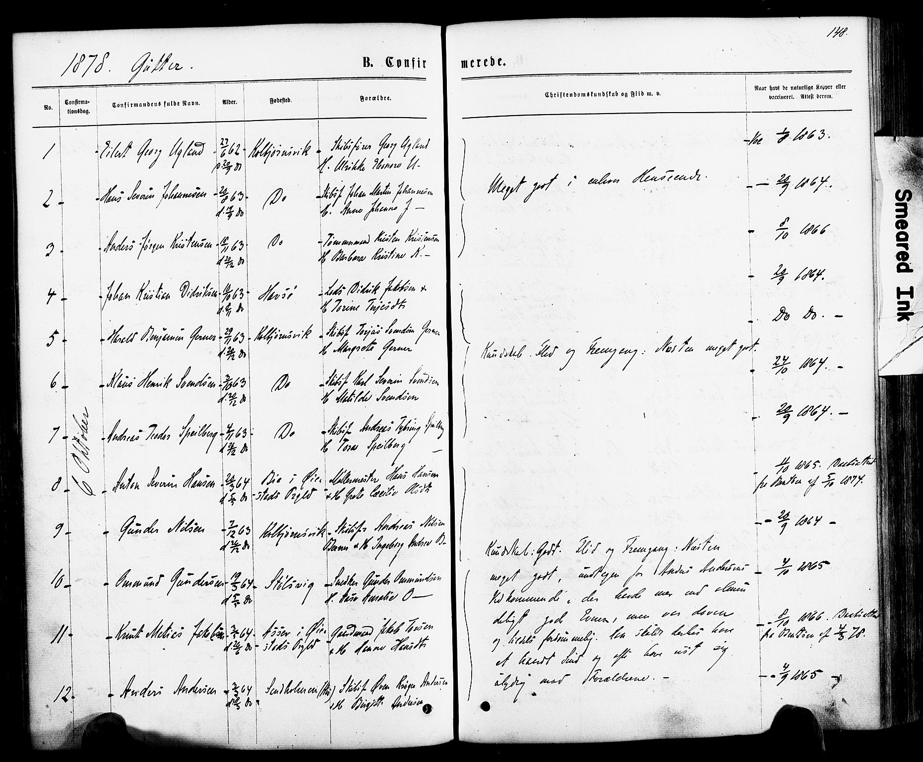 Hisøy sokneprestkontor, SAK/1111-0020/F/Fa/L0002: Parish register (official) no. A 2, 1872-1880, p. 148