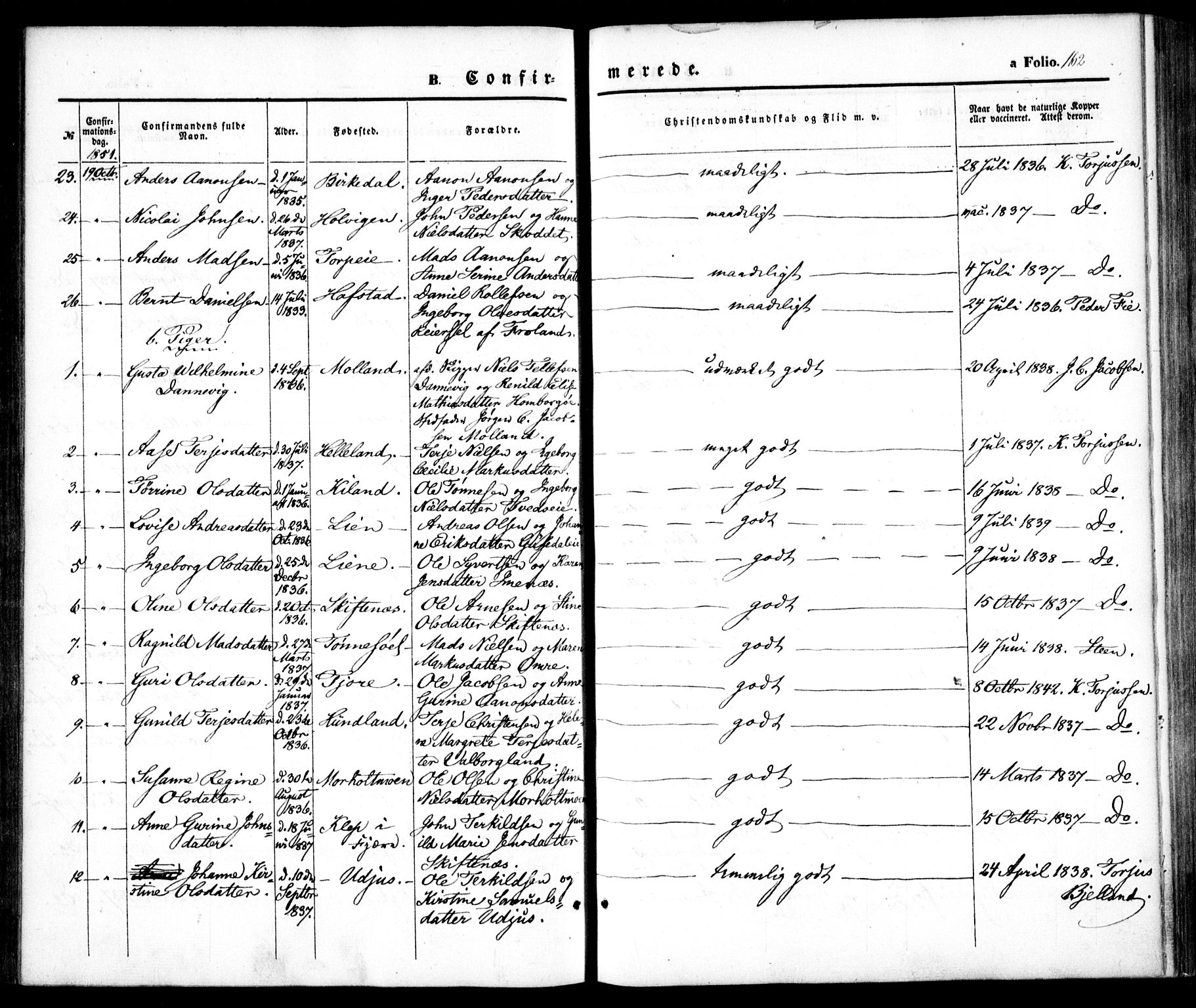 Hommedal sokneprestkontor, AV/SAK-1111-0023/F/Fa/Fab/L0004: Parish register (official) no. A 4, 1848-1860, p. 162