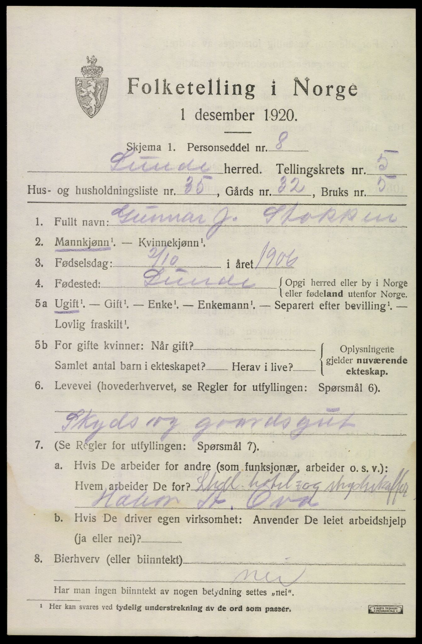 SAKO, 1920 census for Lunde, 1920, p. 3831