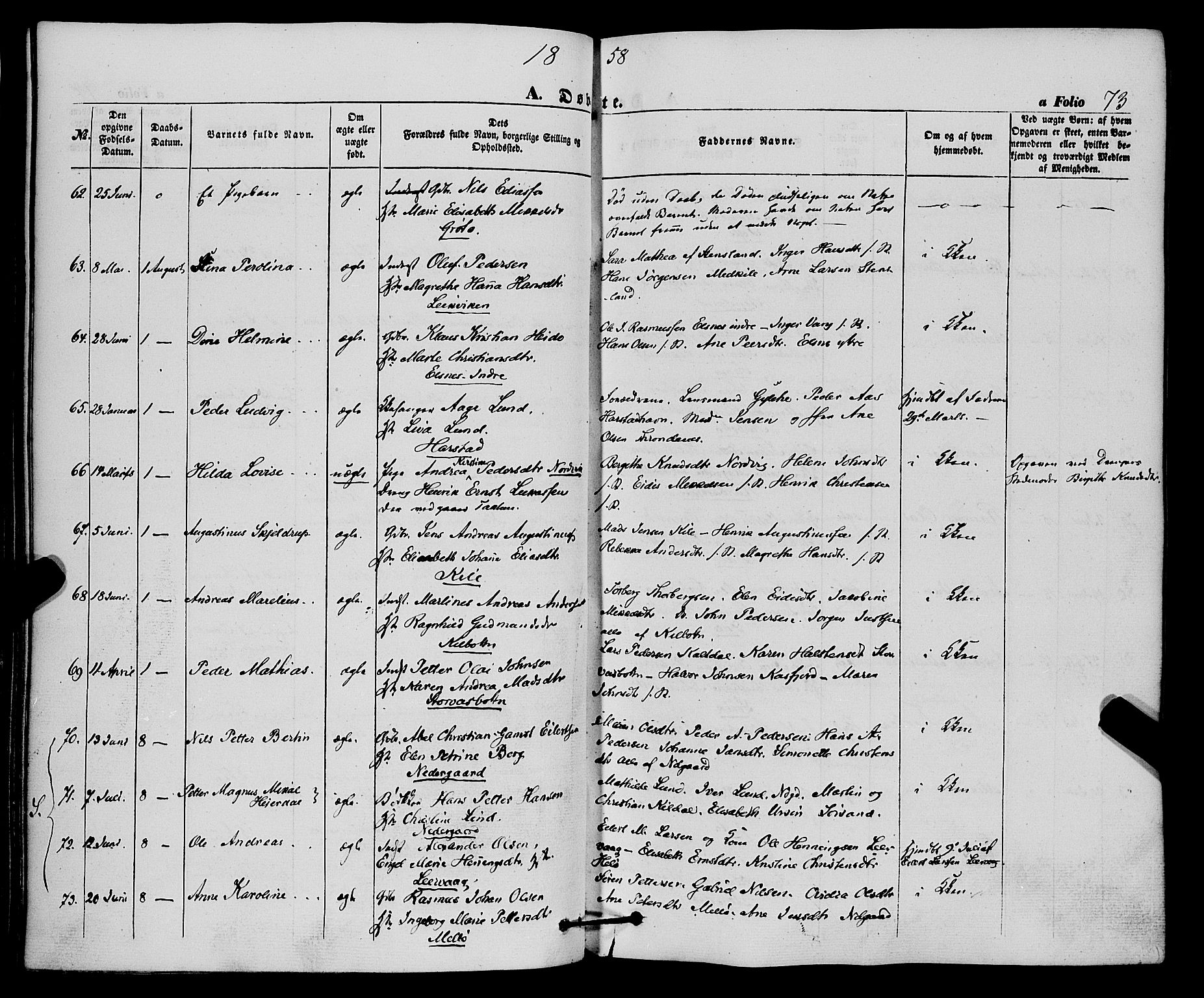 Trondenes sokneprestkontor, AV/SATØ-S-1319/H/Ha/L0011kirke: Parish register (official) no. 11, 1853-1862, p. 73