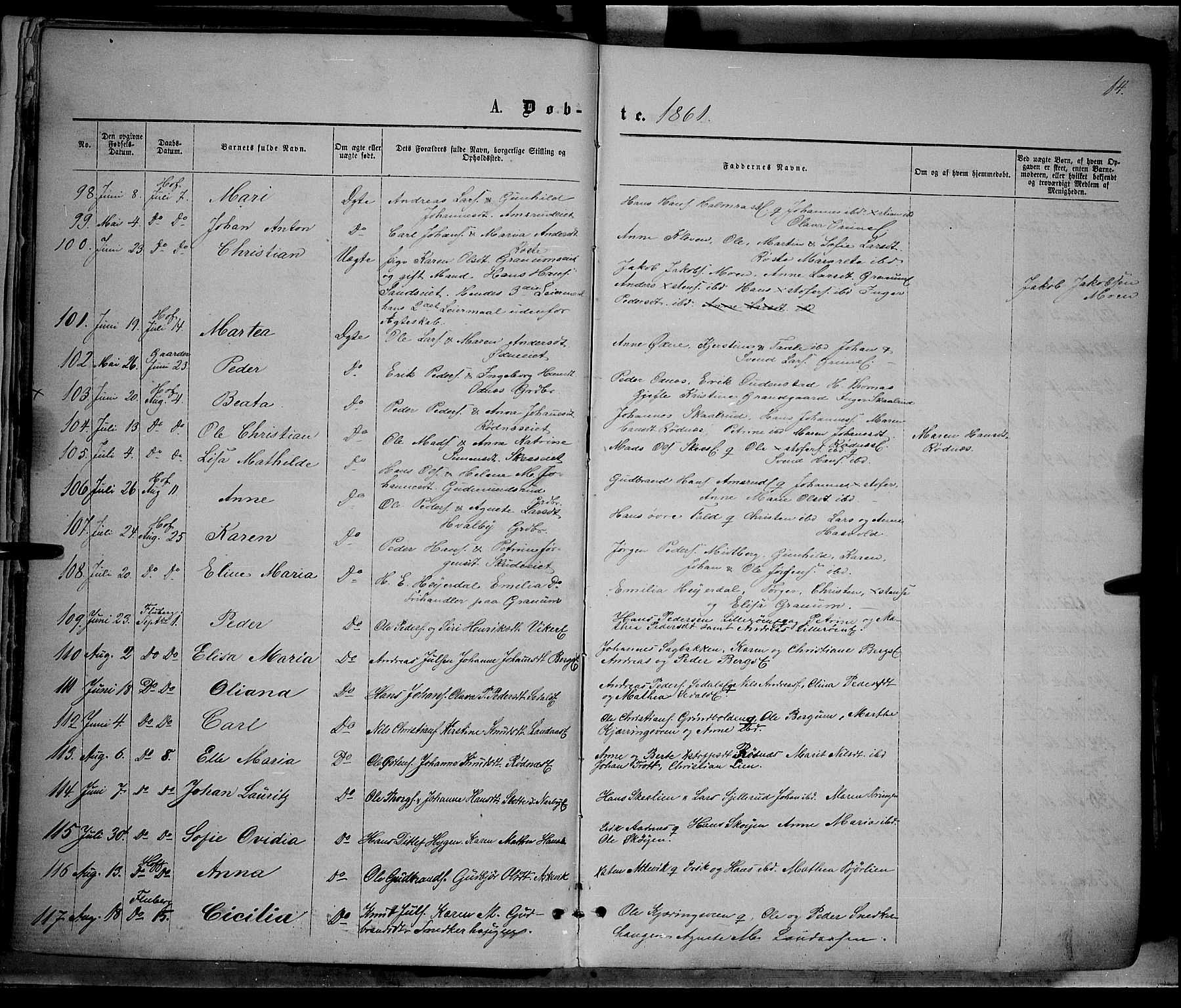 Søndre Land prestekontor, AV/SAH-PREST-122/K/L0001: Parish register (official) no. 1, 1860-1877, p. 14