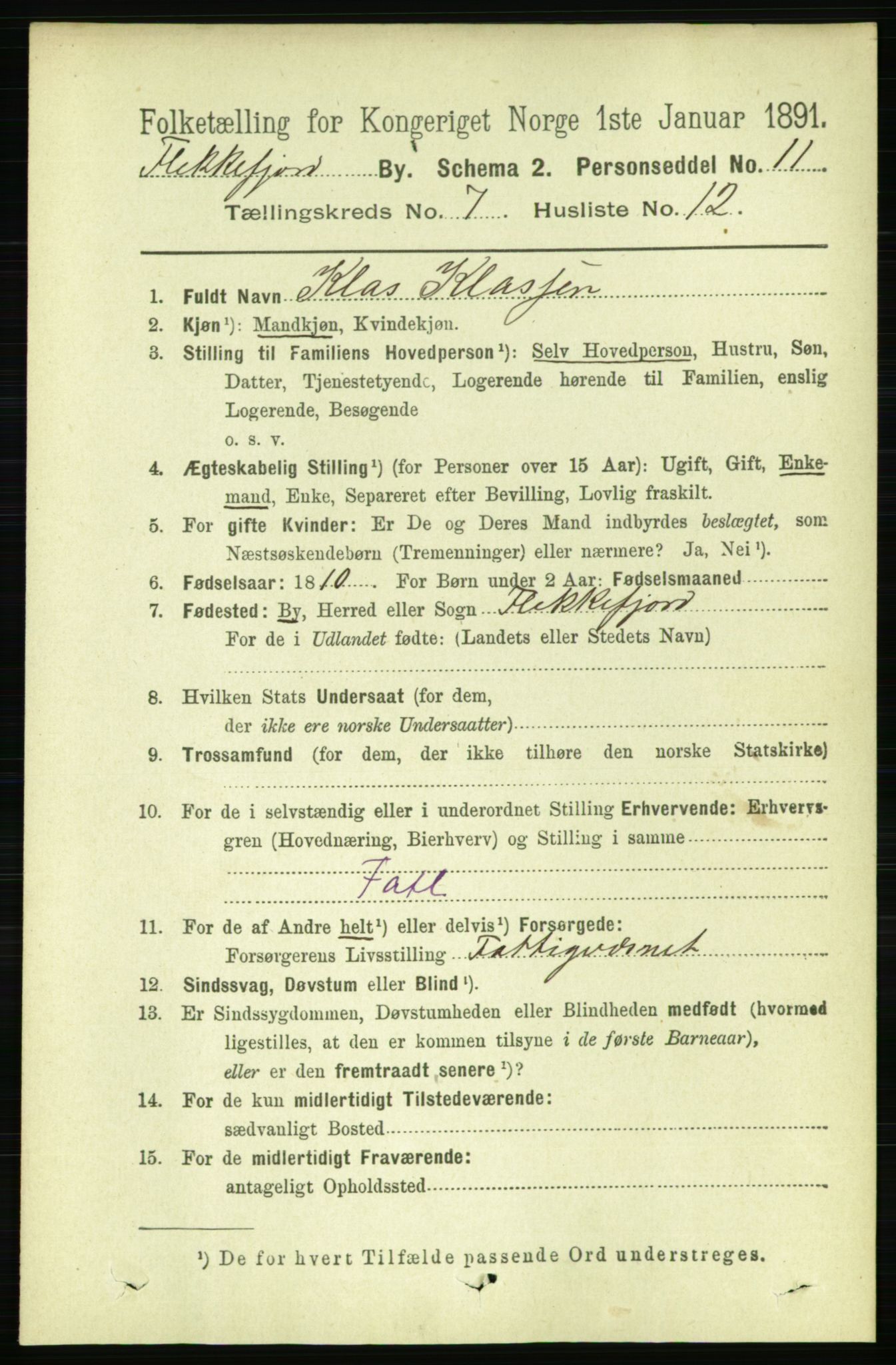 RA, 1891 census for 1004 Flekkefjord, 1891, p. 1358