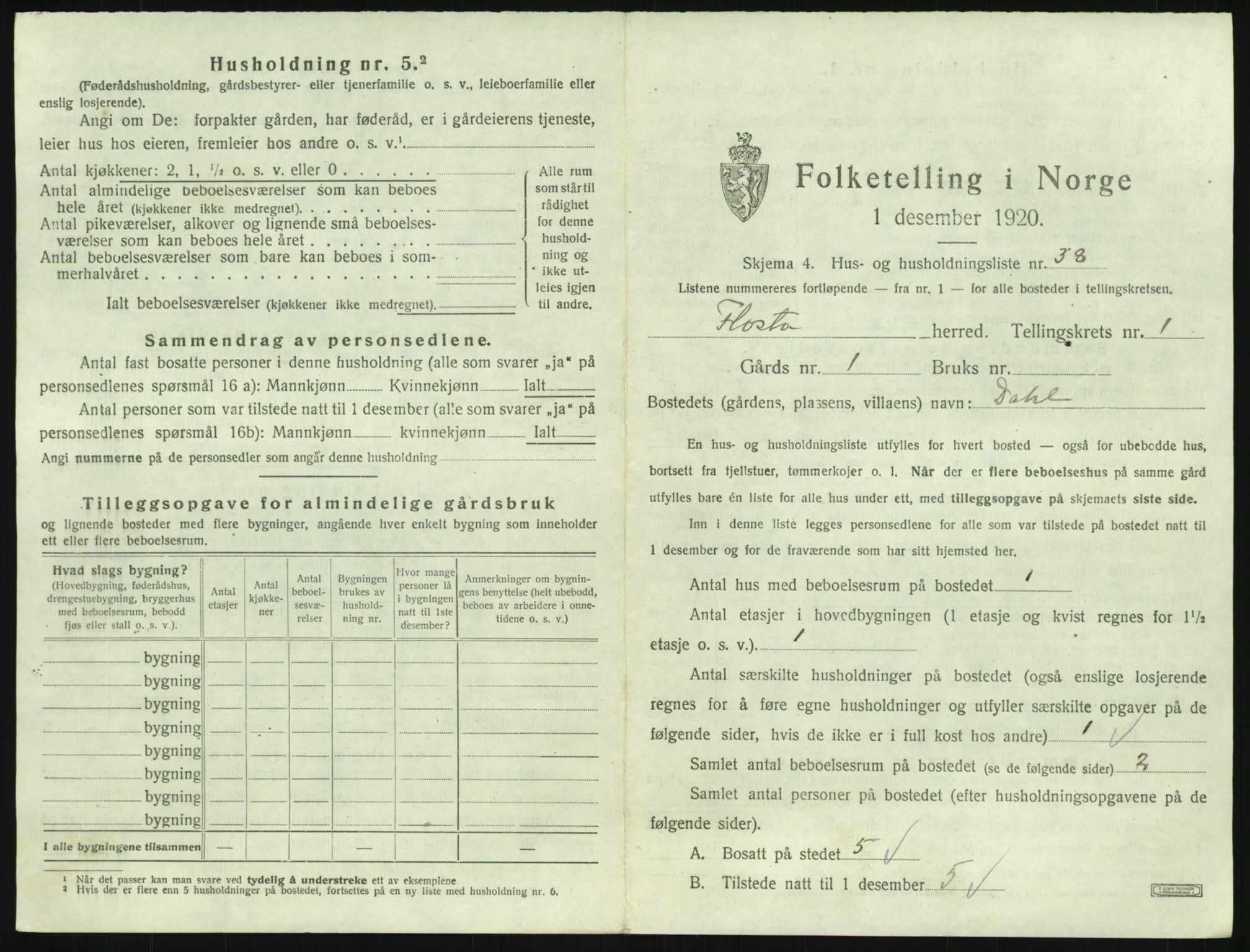 SAK, 1920 census for Flosta, 1920, p. 102